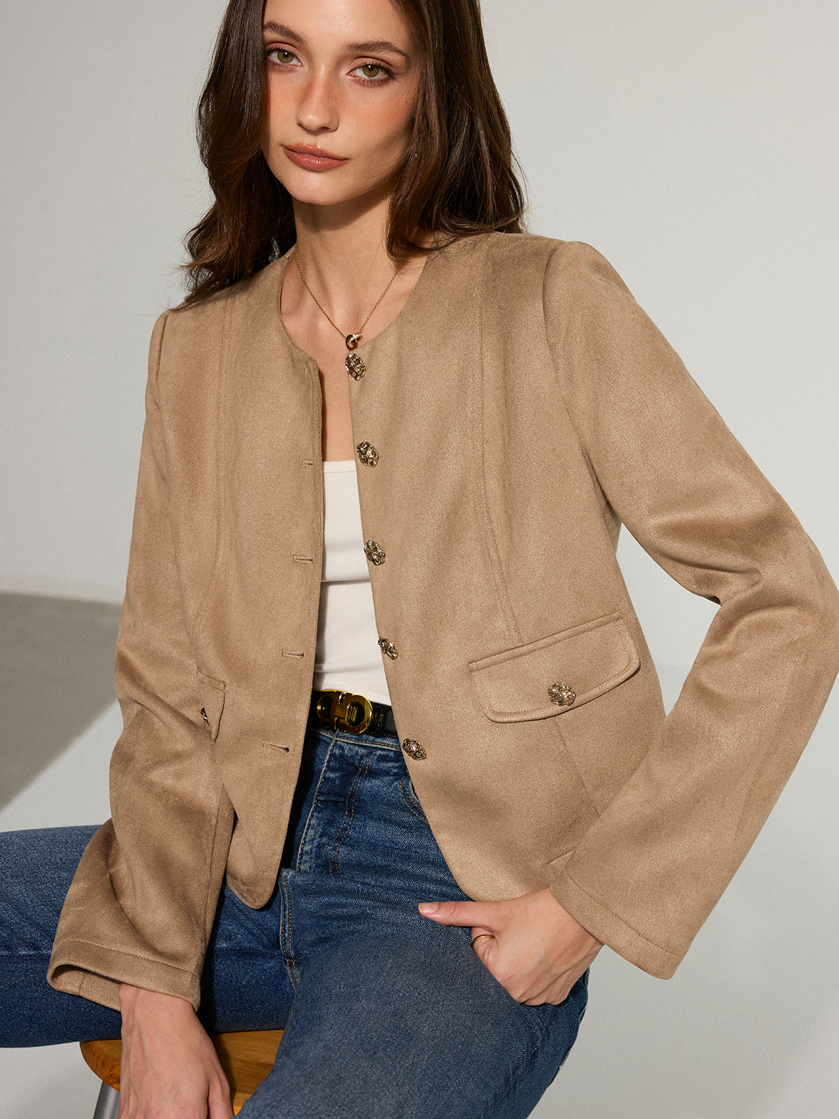 Metal Button Suede Effect Blazer