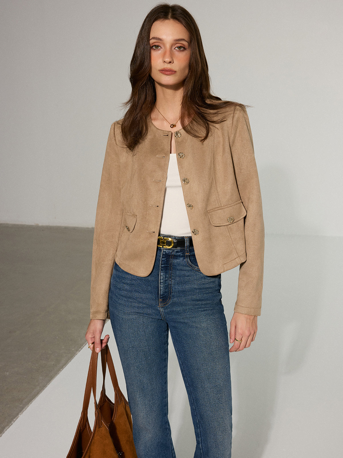 Metal Button Suede Effect Blazer