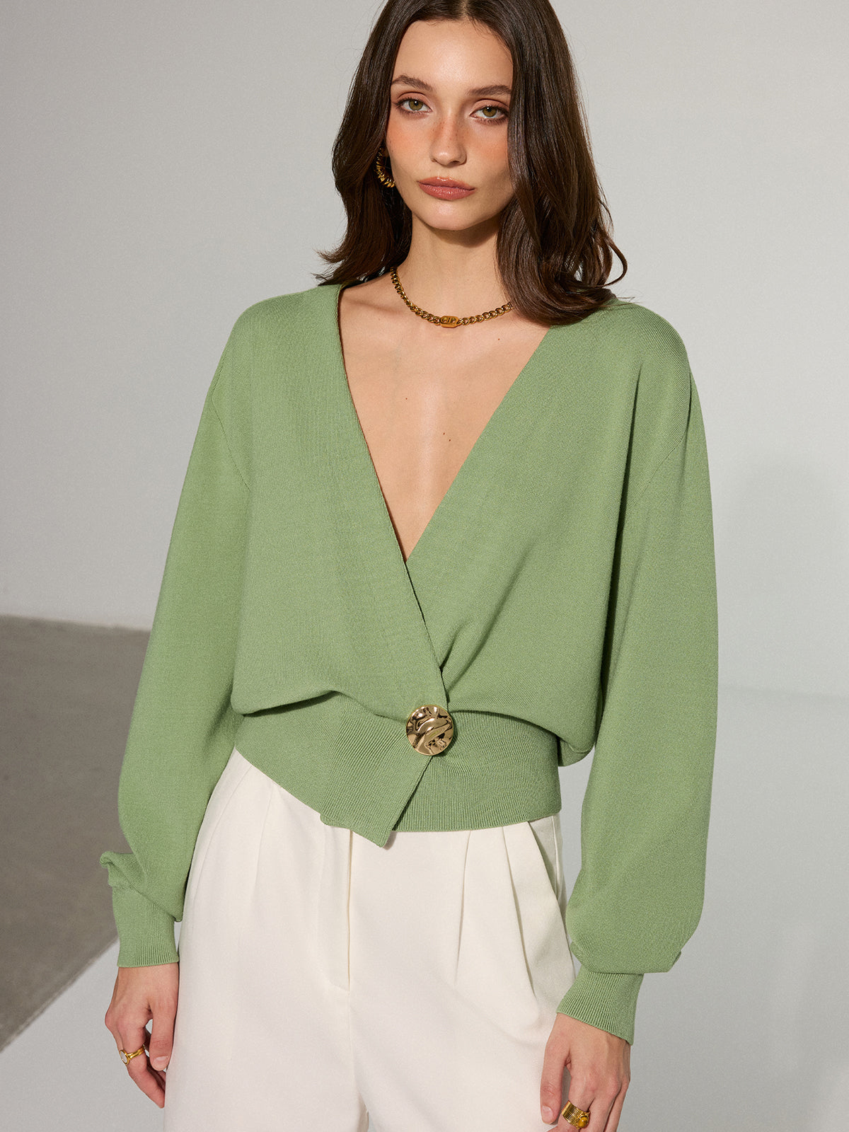 Metal Decor Waisted Knitted Wrap Cardigan