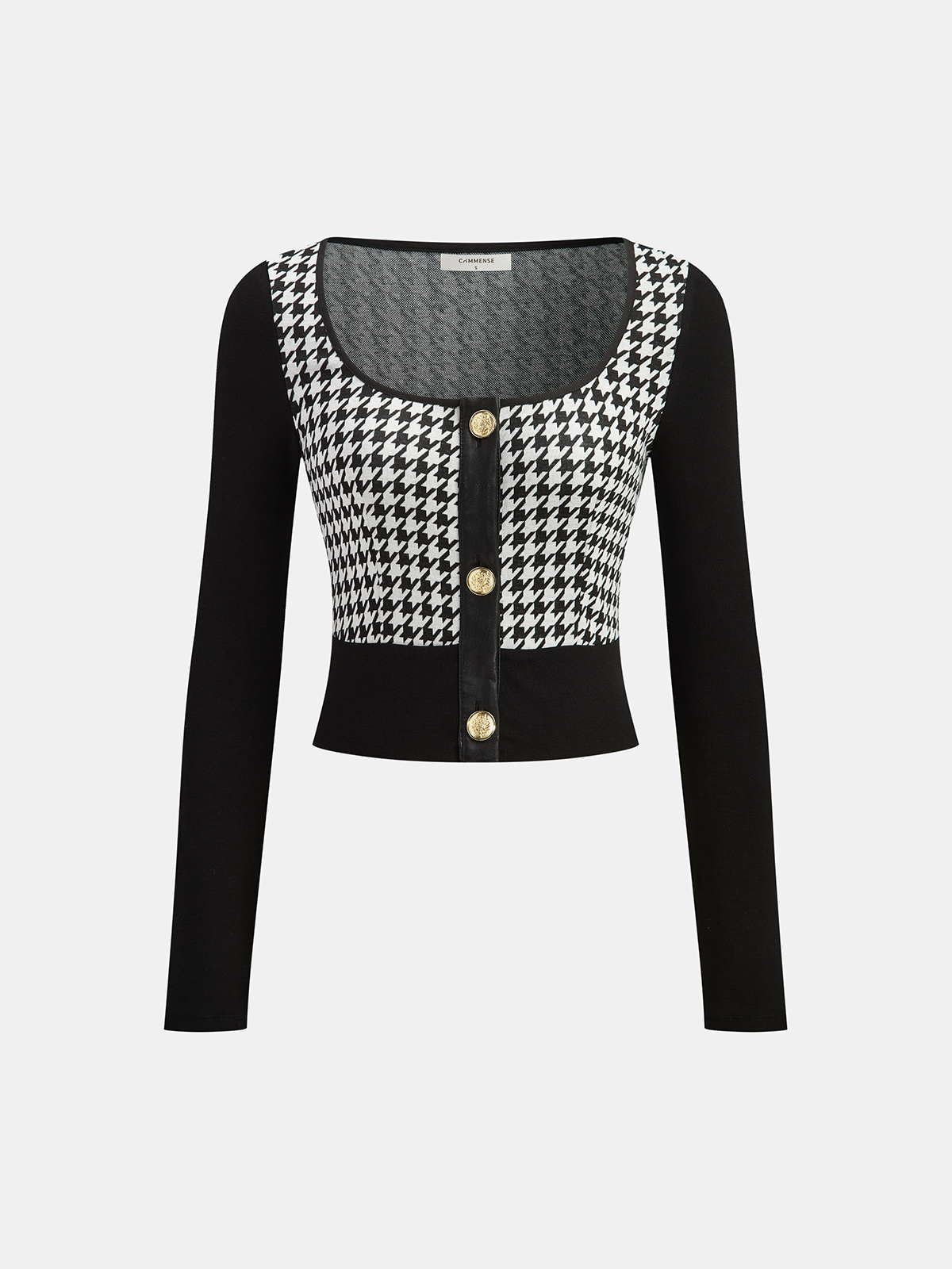 Houndstooth Paneled Cropped Knit Blouse