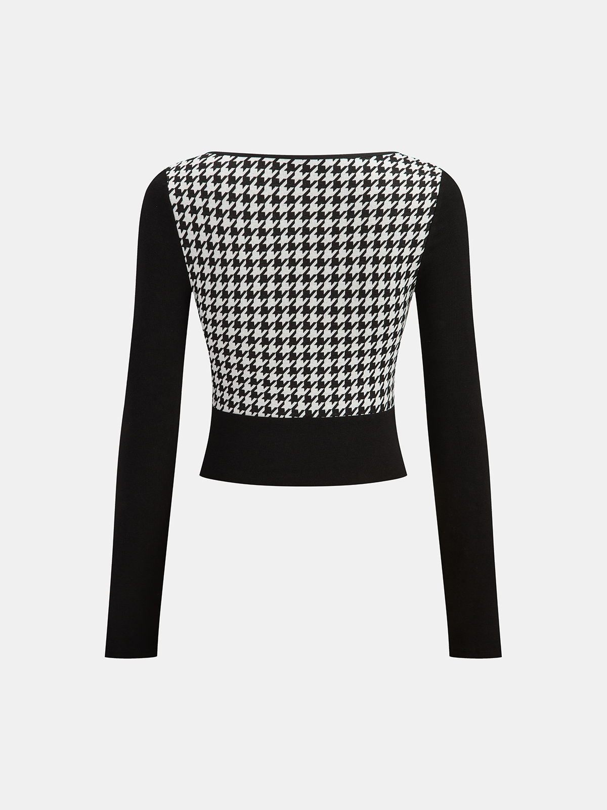 Houndstooth Paneled Cropped Knit Blouse