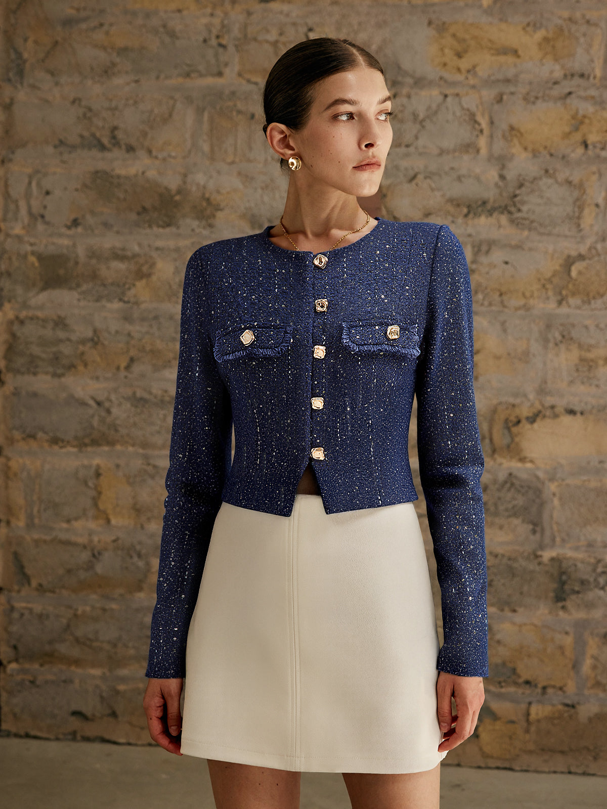 Tweed-Blazer mit Metallknöpfen und Pailletten