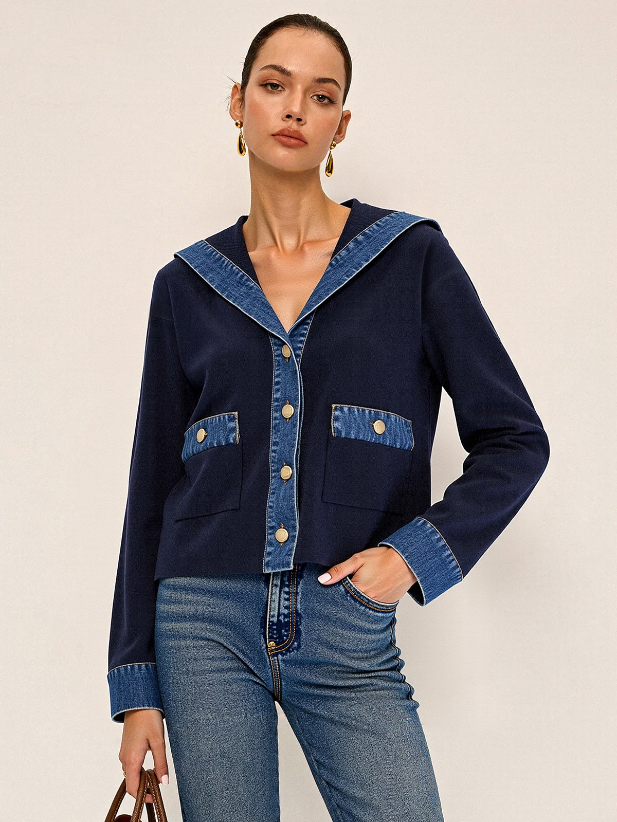 Sailor Collar Denim Trim Knit Outerwear