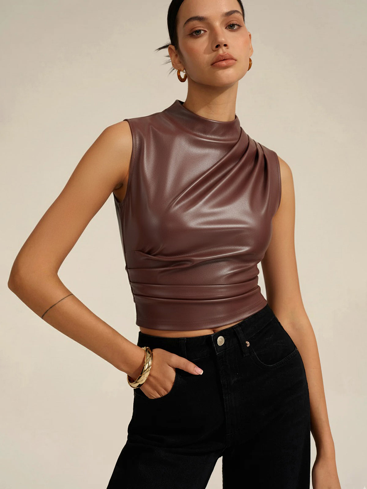 PU Leather Ruched Asymmetric Tank Top