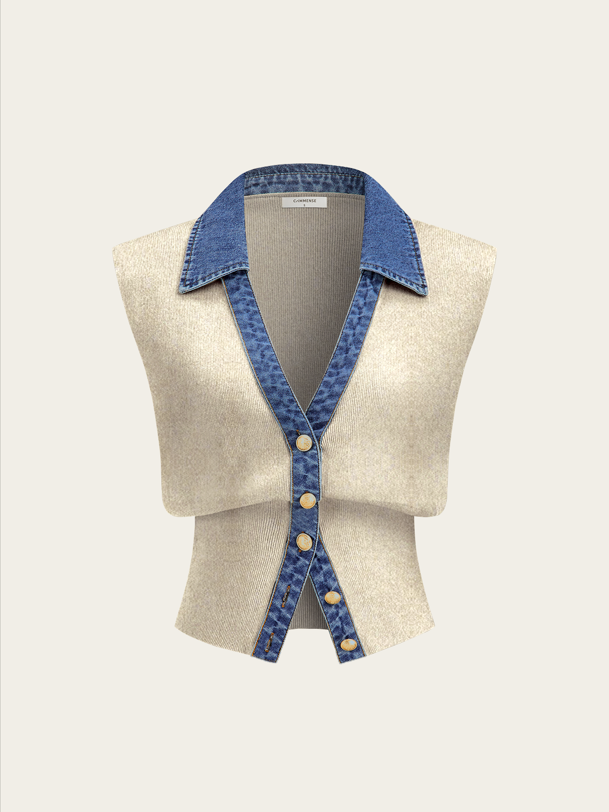 Denim Trim Metal Button Knit Vest