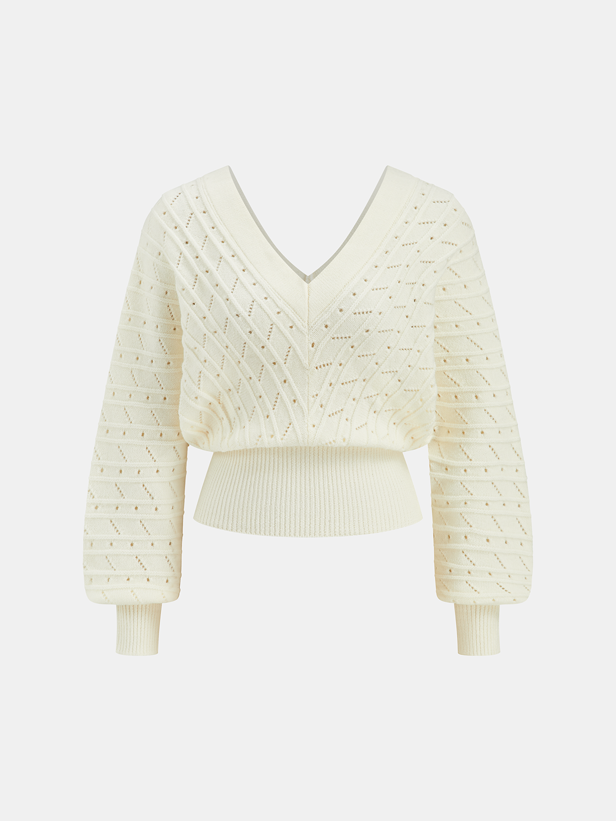 Pull texturé à col en V, manches lanternes et ajours