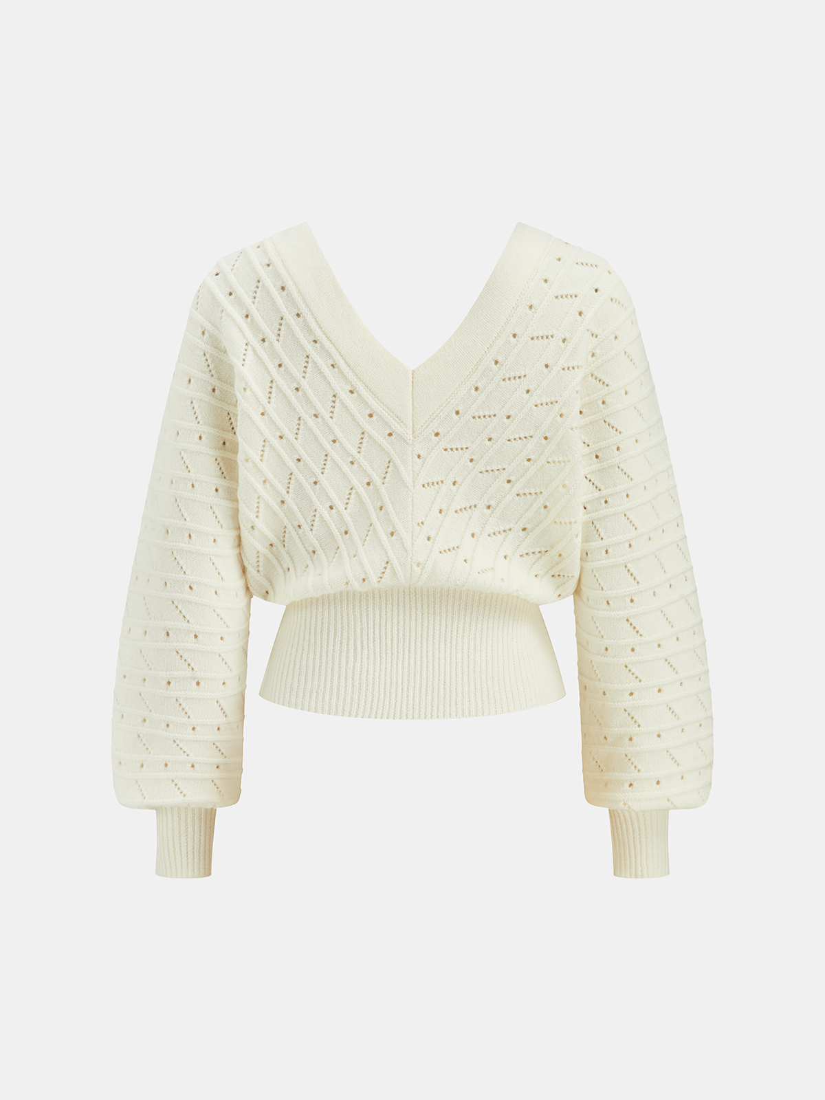 Pull texturé à col en V, manches lanternes et ajours