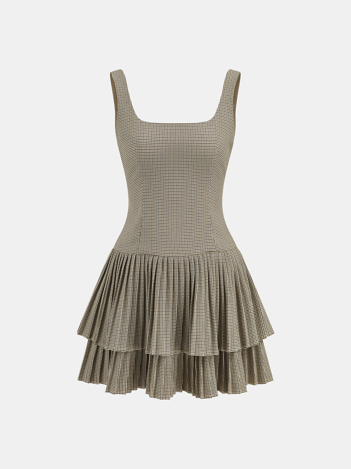 Gekräuseltes Stufenkleid aus Gingham mit eckigem Ausschnitt