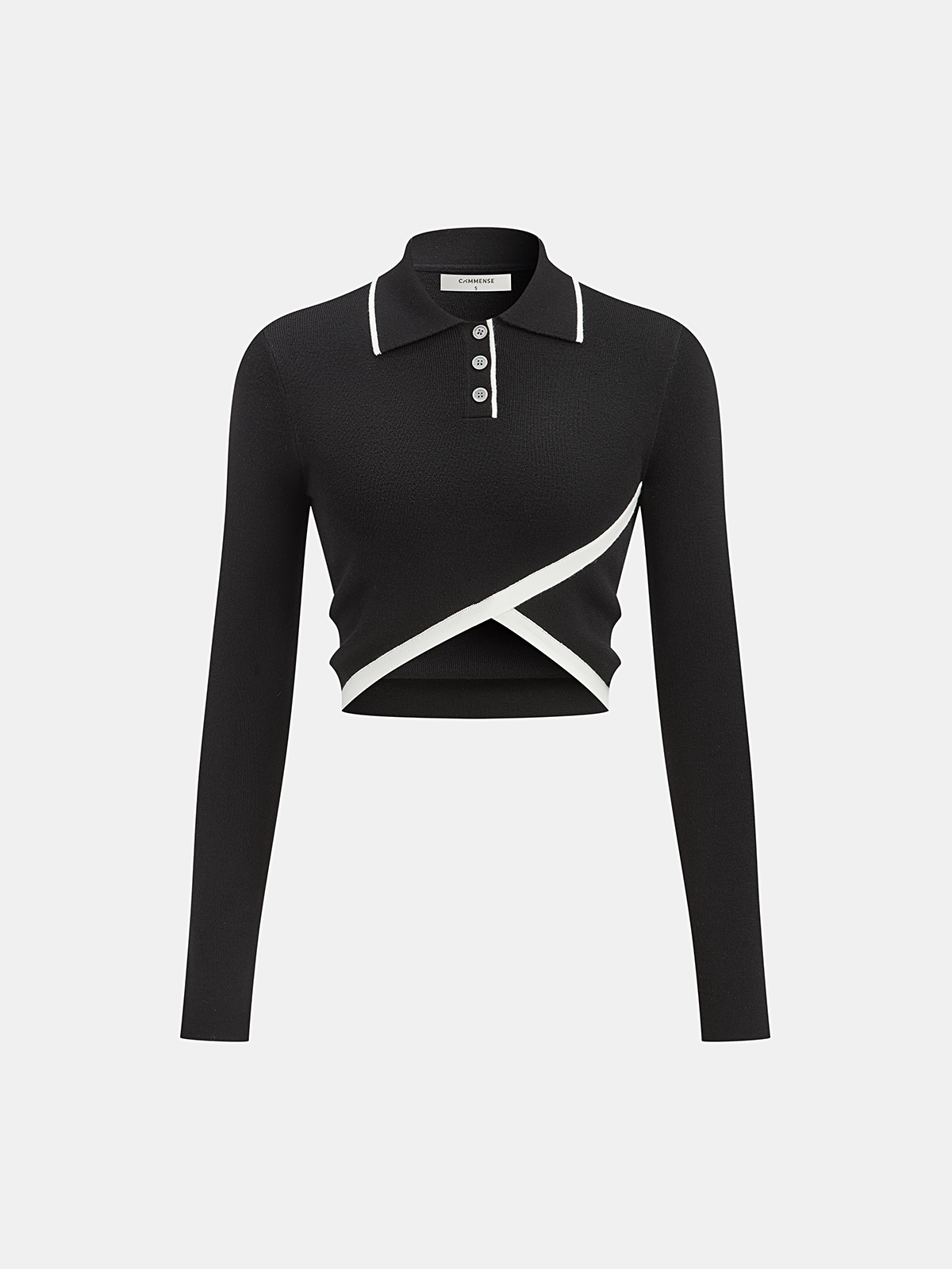 Asymmetric Contrast Trim Wool Blend Cropped Polo Top