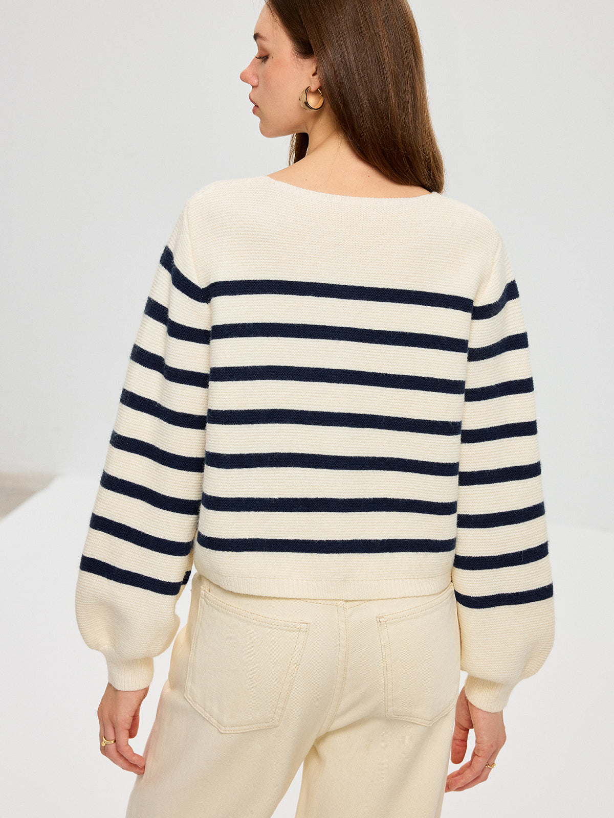 Striped Square Neck Lantern Sleeve Knit Cardigan