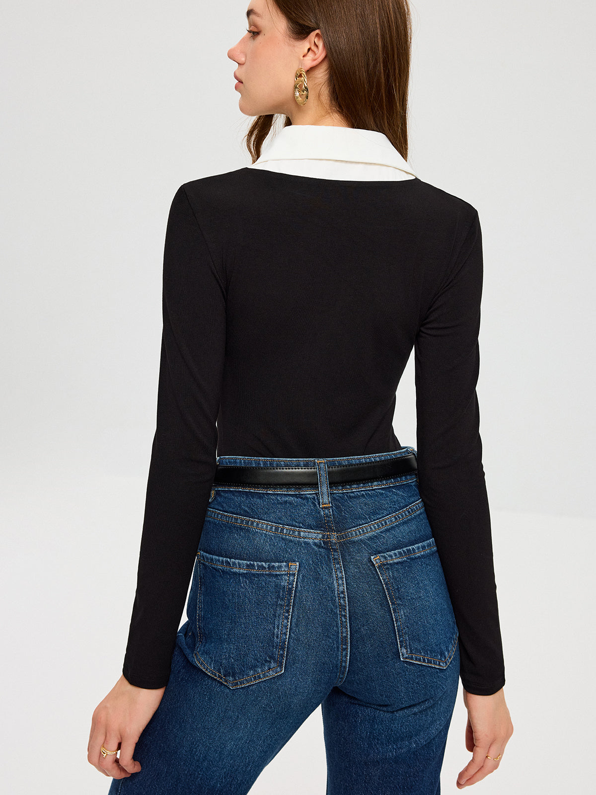 High-Stretch Contrast Shirt Collar Knit Bodysuit