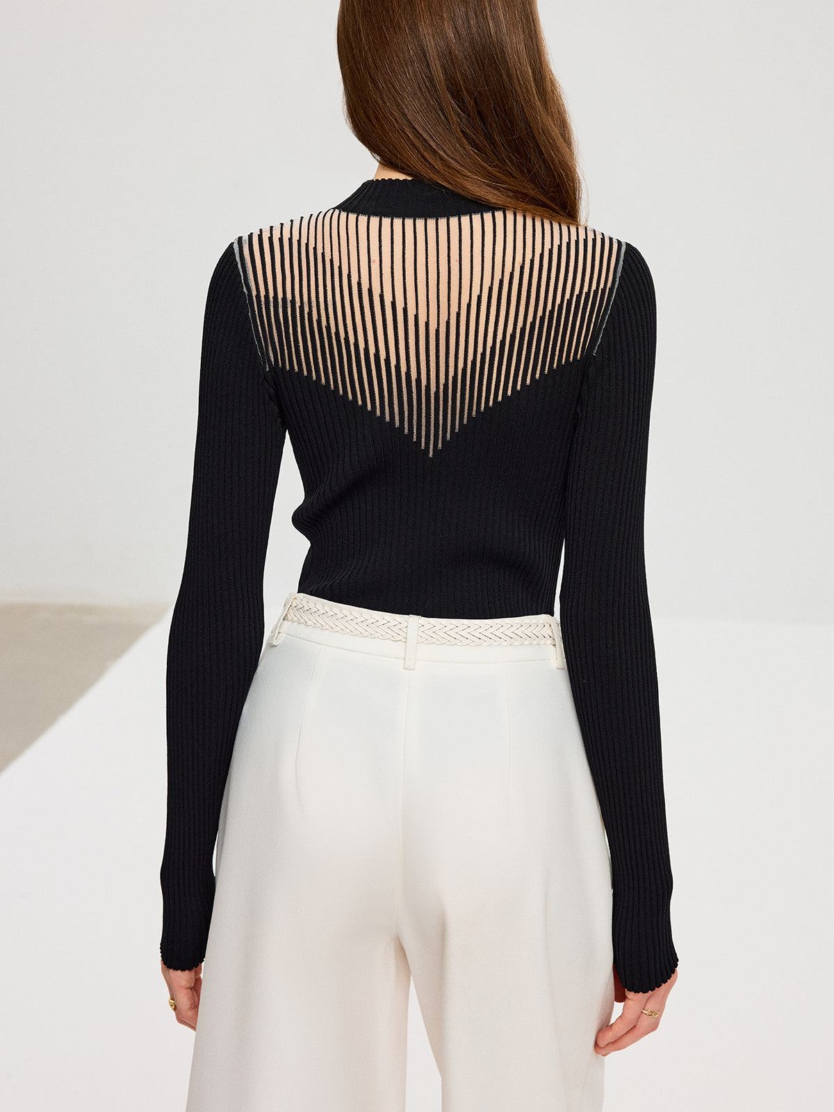 Striped Mesh Panel Ribbed Knit Top