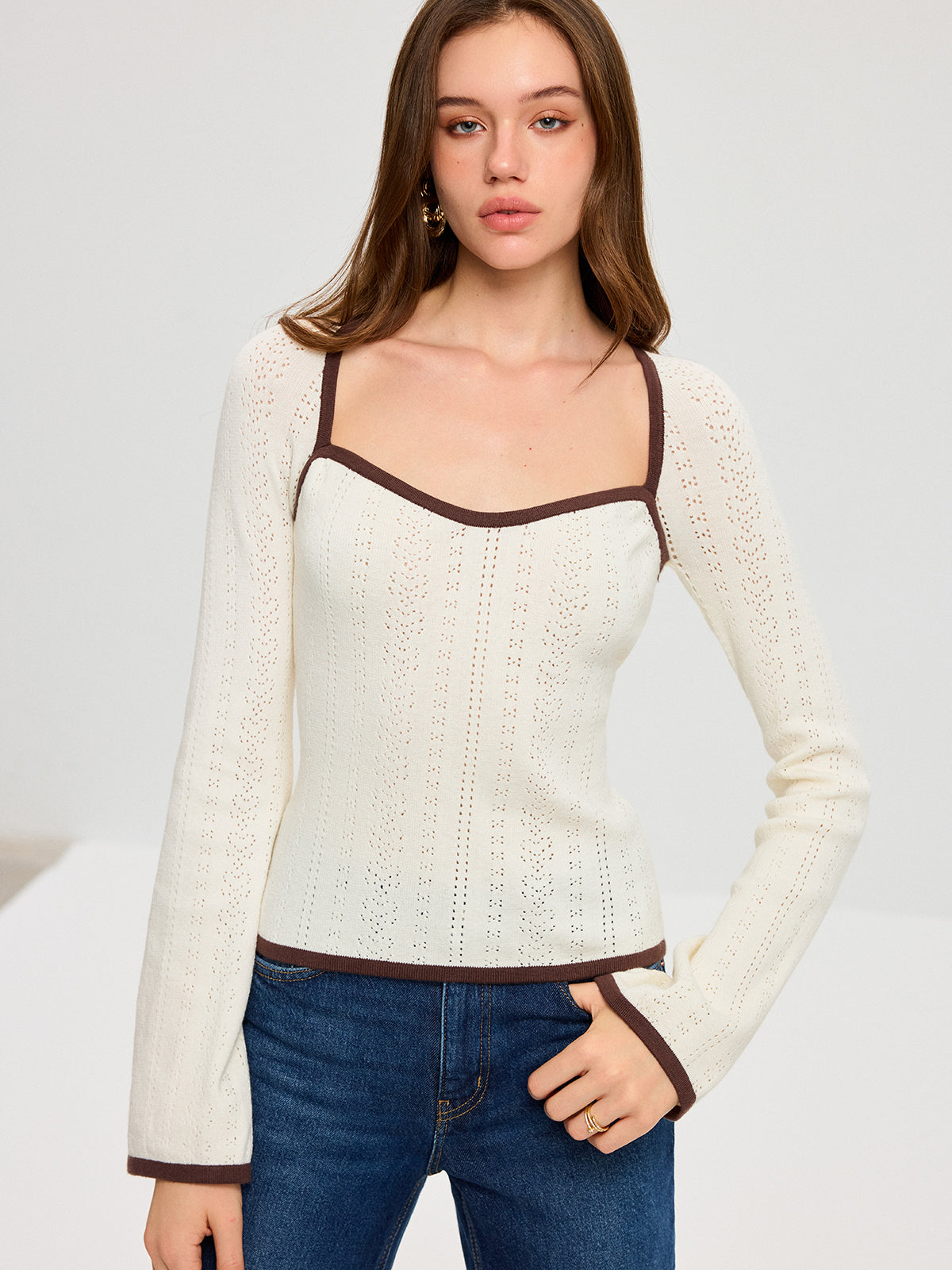 Square Neck Contrast Trim Eyelet Sweater