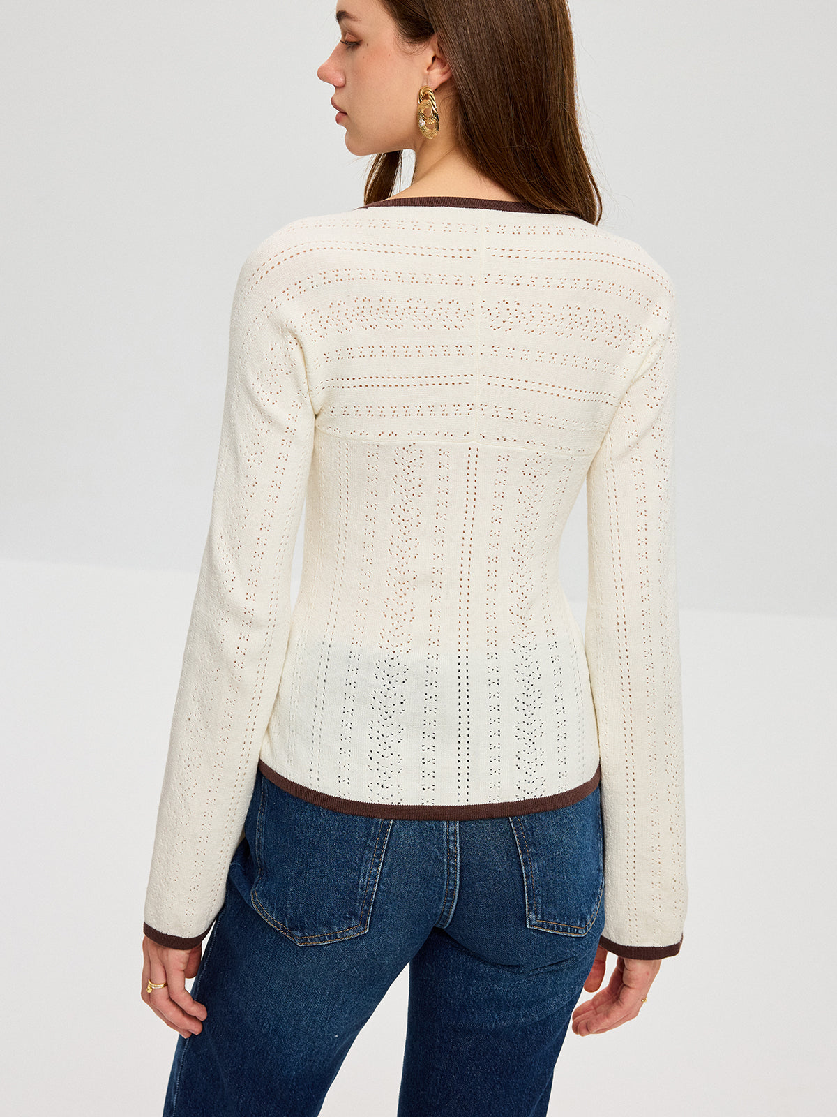 Square Neck Contrast Trim Eyelet Sweater
