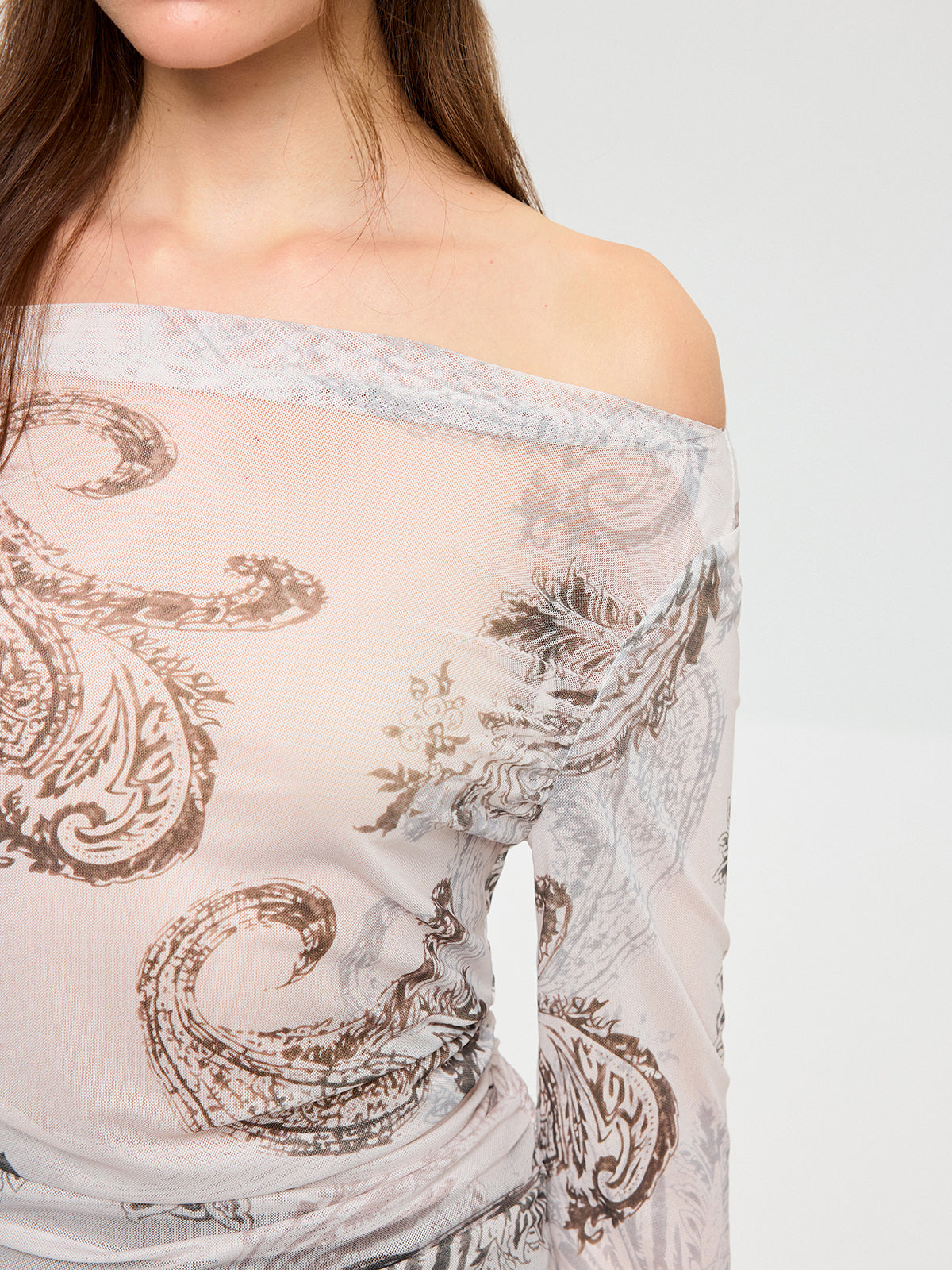 Paisley Print Off-Shoulder Sheer Mesh T-Shirt