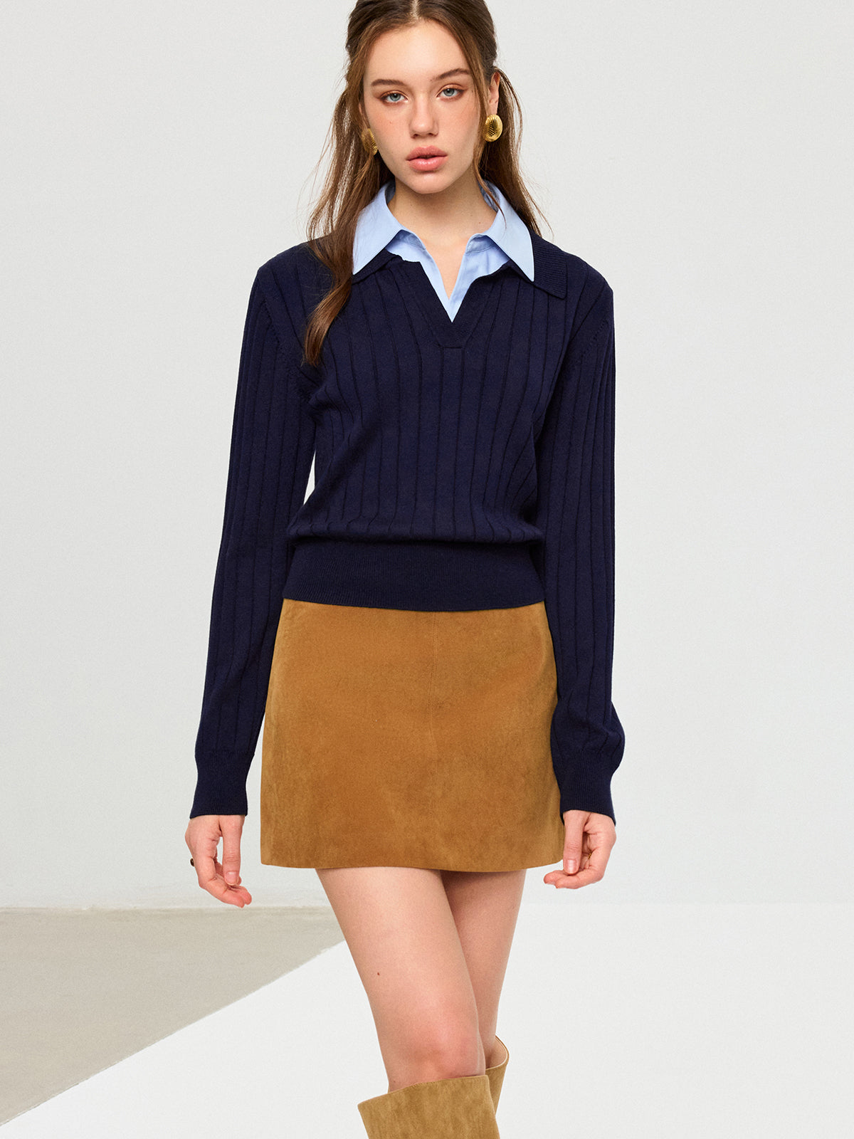 Shirt Collar Panel Knit Top