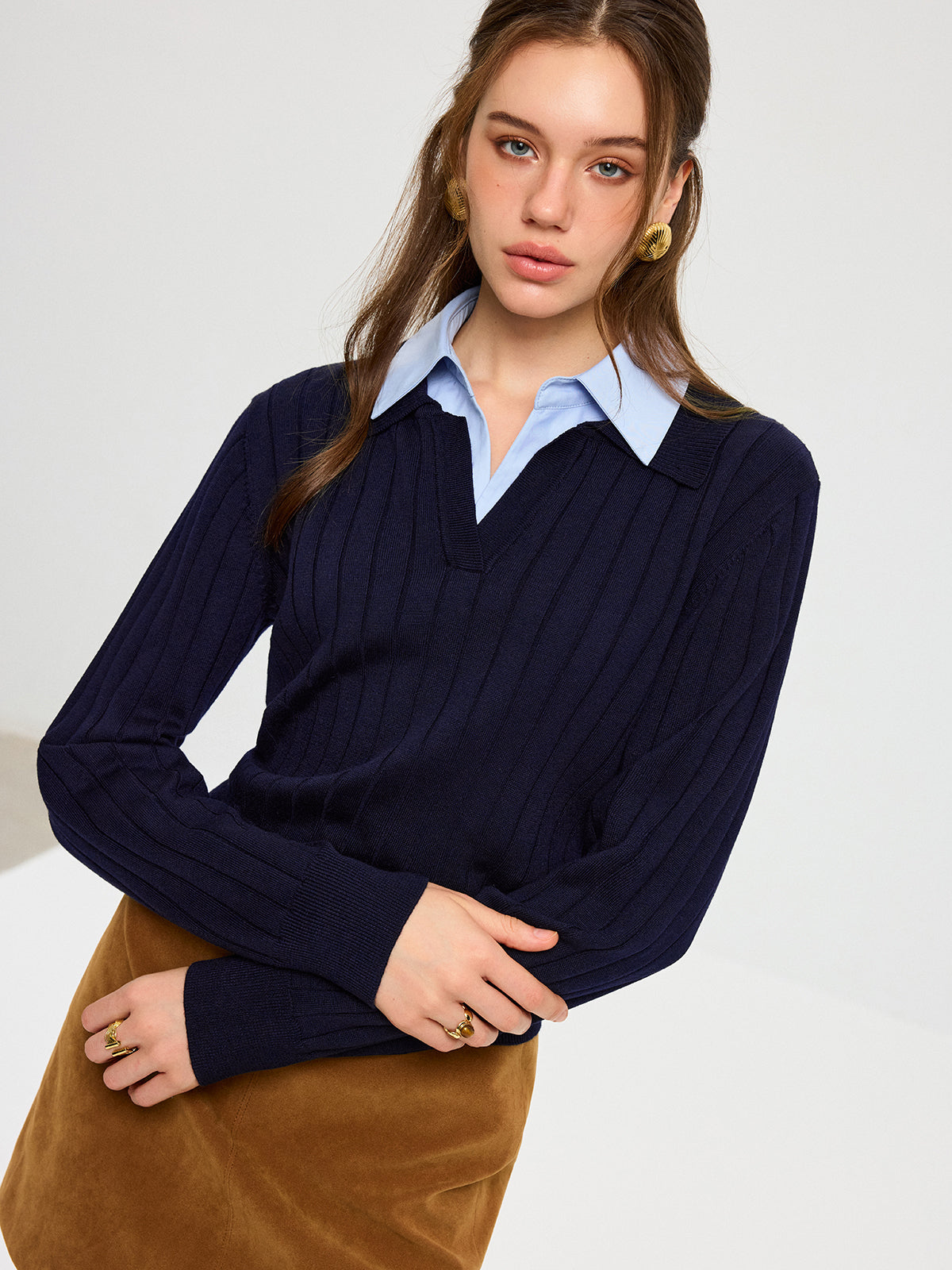 Shirt Collar Panel Knit Top