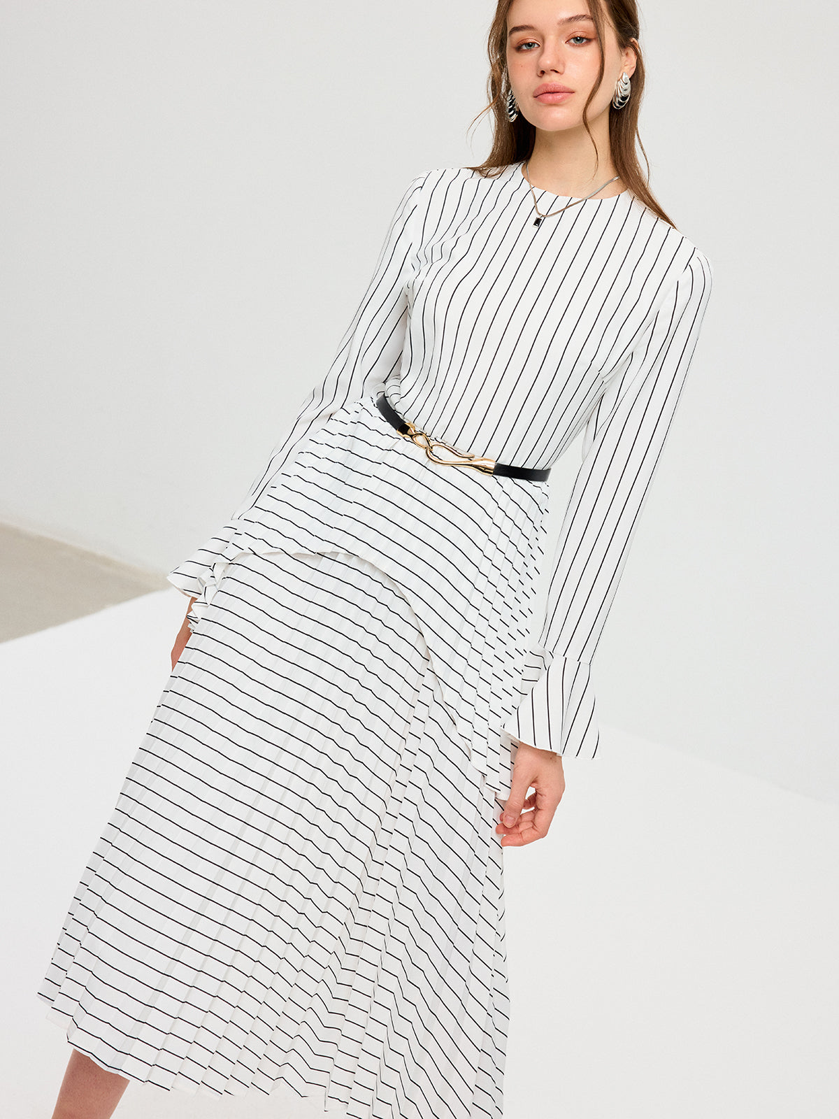 Striped Long Sleeve Belted Midi Dress