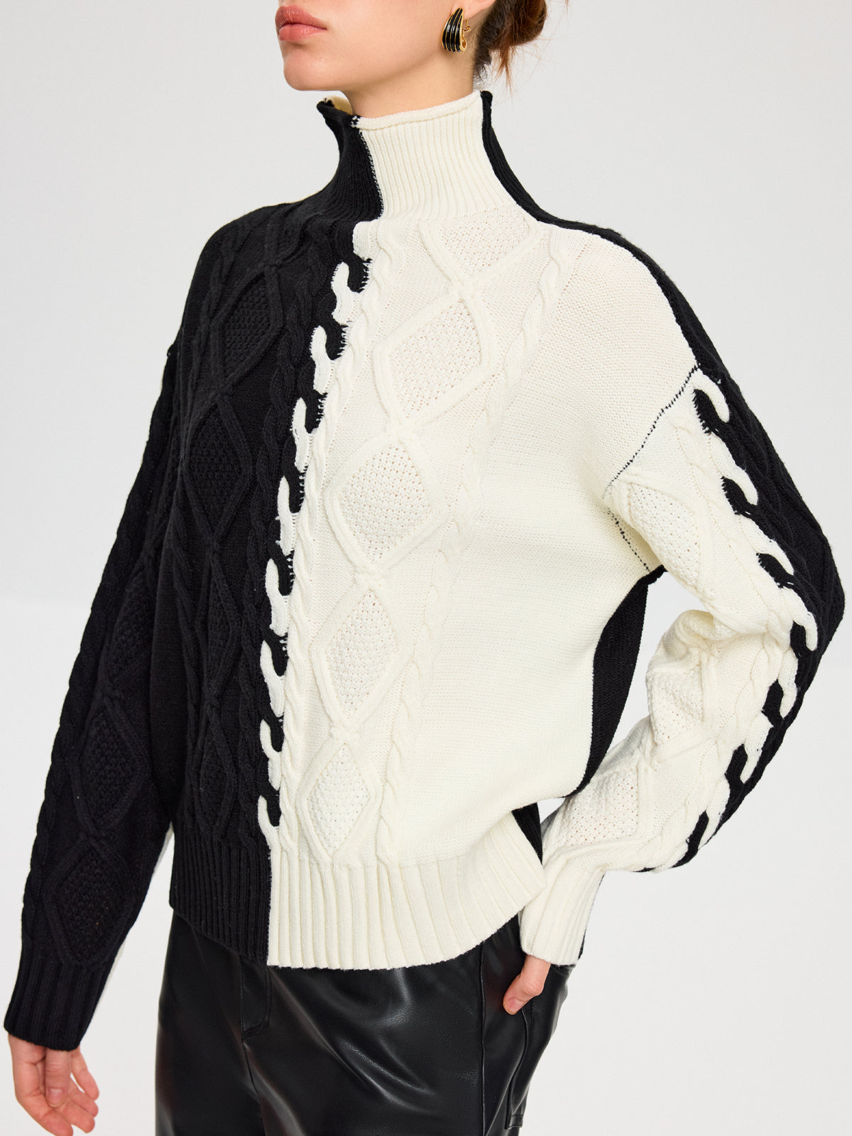 Color-Block Cable Knit Turtleneck Sweater