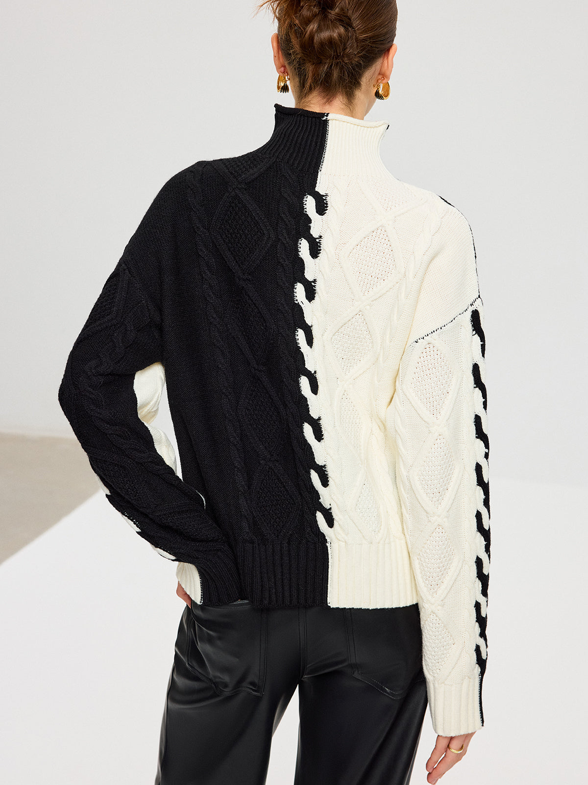 Color-Block Cable Knit Turtleneck Sweater