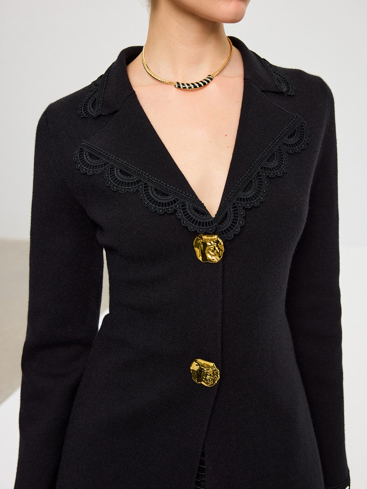 Wool Blend Lace Trim Metal Button Cardigan