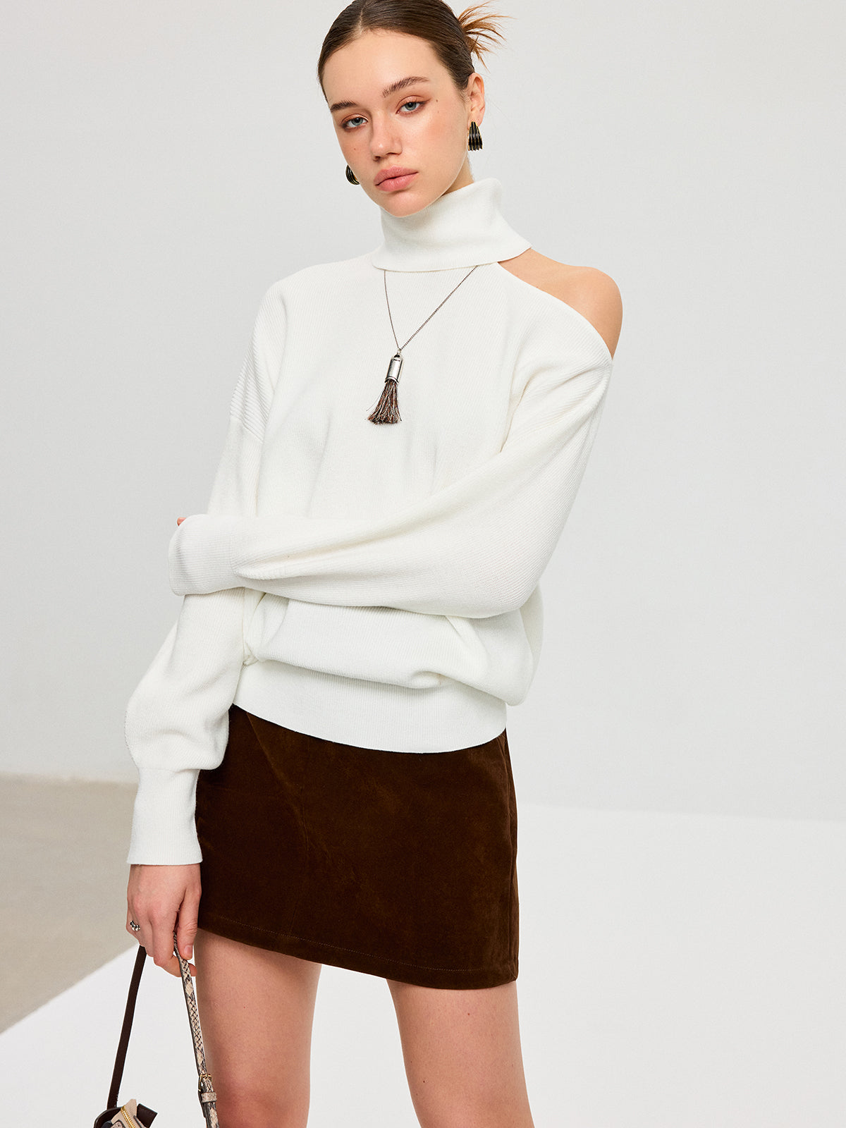 Turtleneck Cold Shoulder Wool Blend Sweater