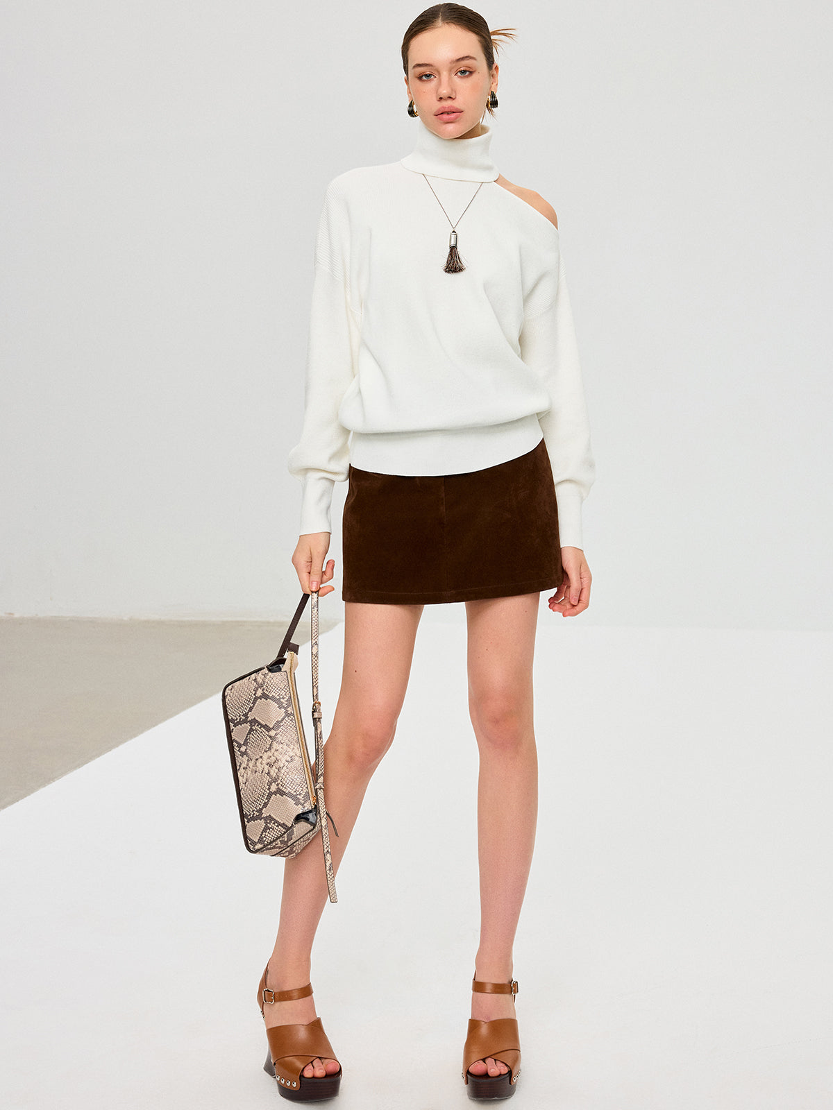 Turtleneck Cold Shoulder Wool Blend Sweater