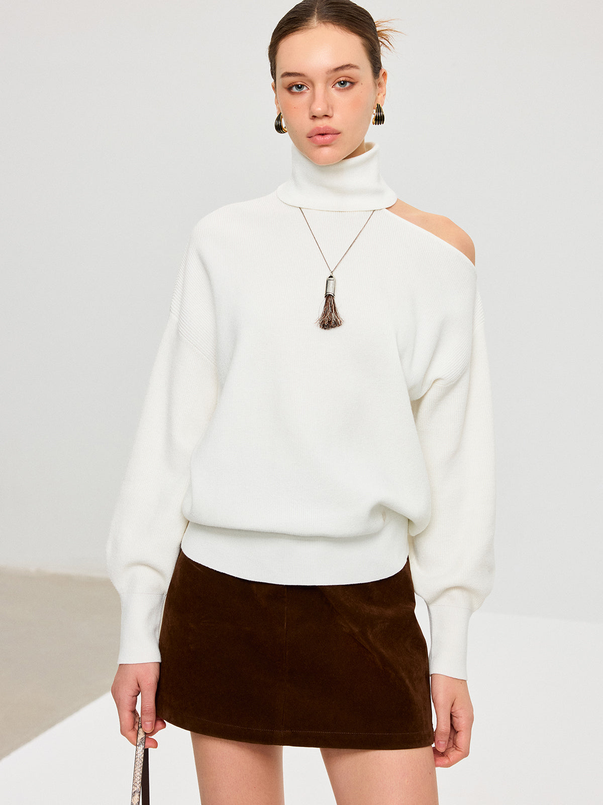 Turtleneck Cold Shoulder Wool Blend Sweater
