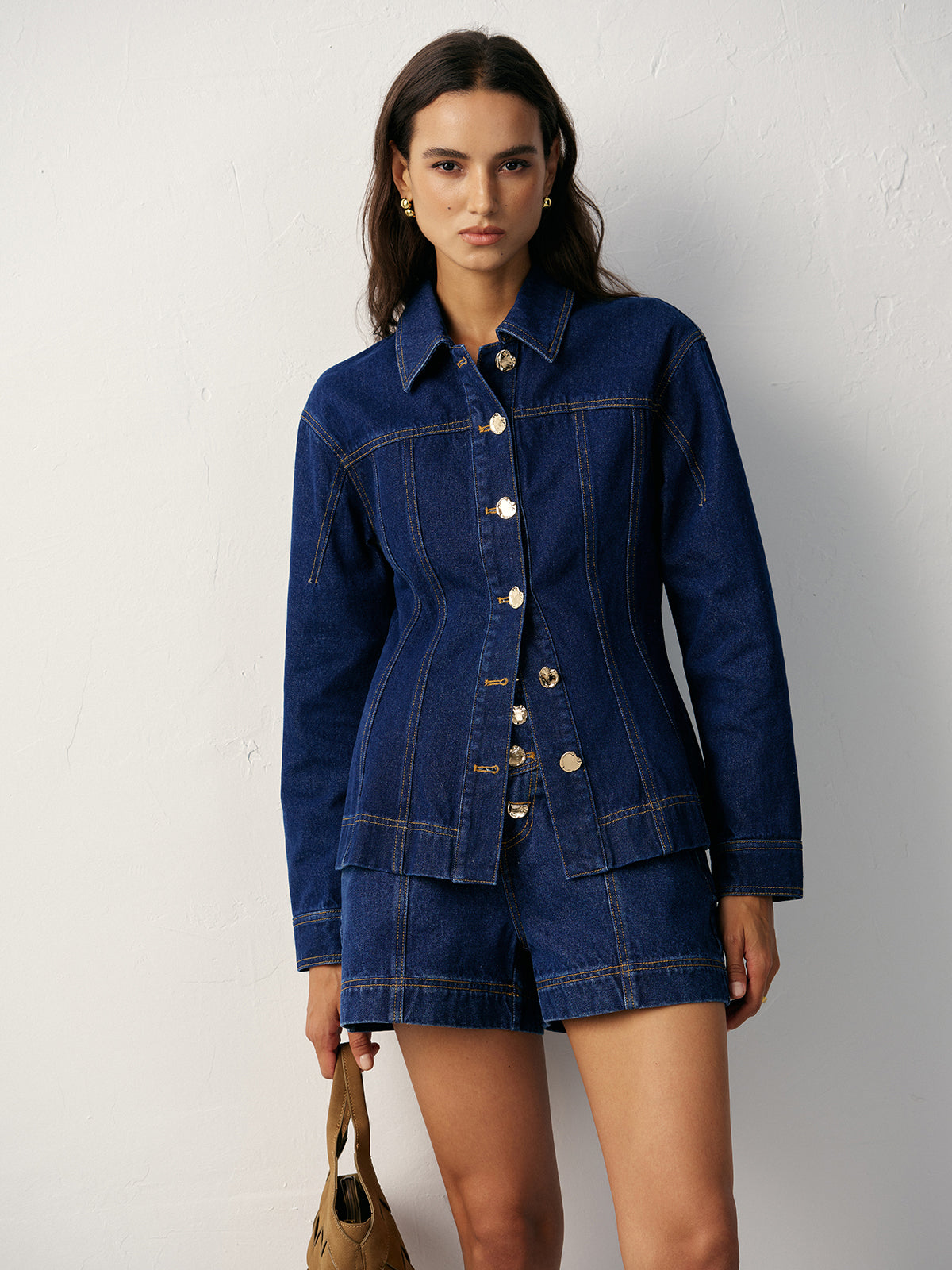 Cinched Waist Metal Button Denim Jacket