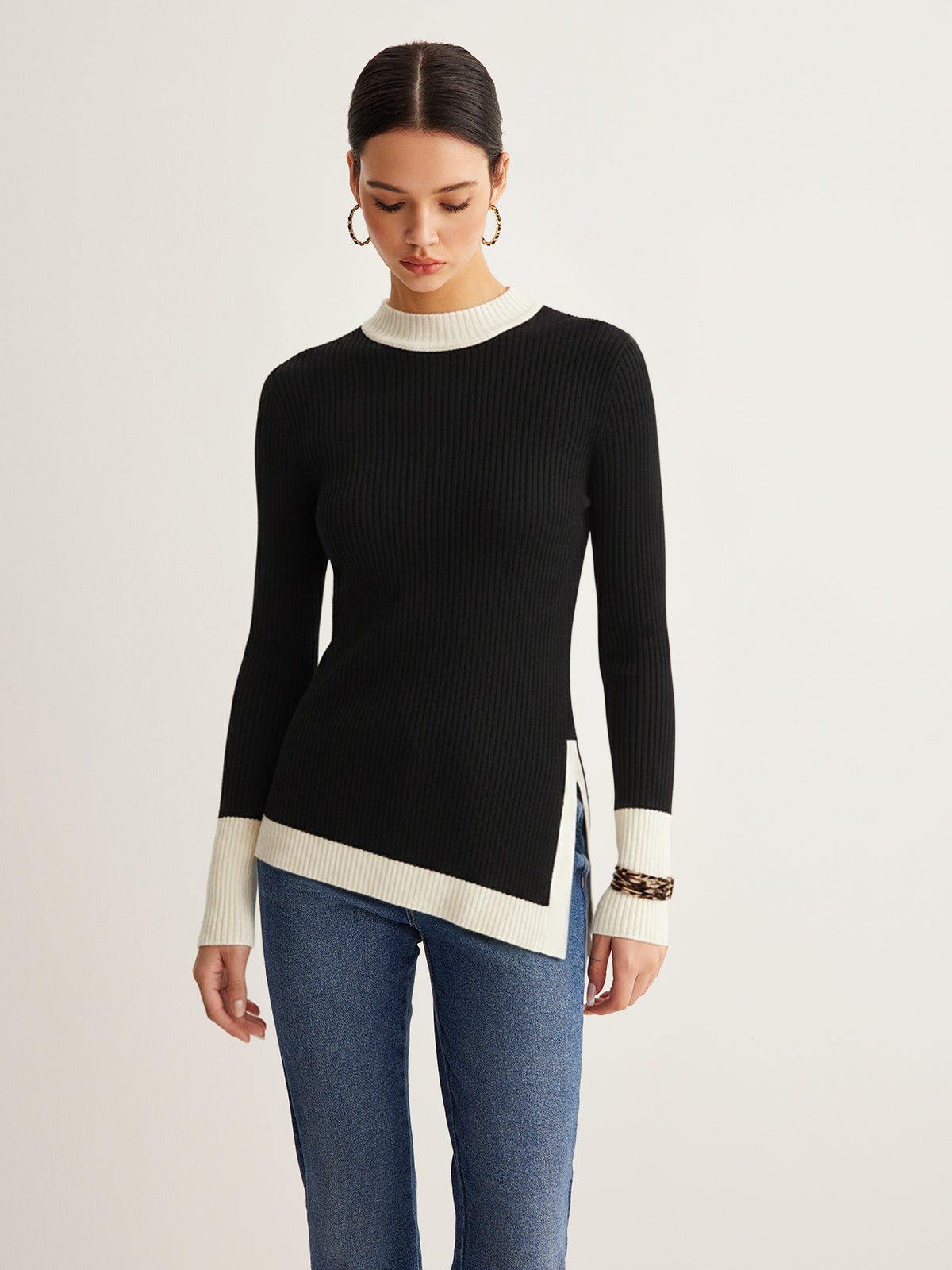 Color-Block Asymmetric Hem Ribbed Knit Top
