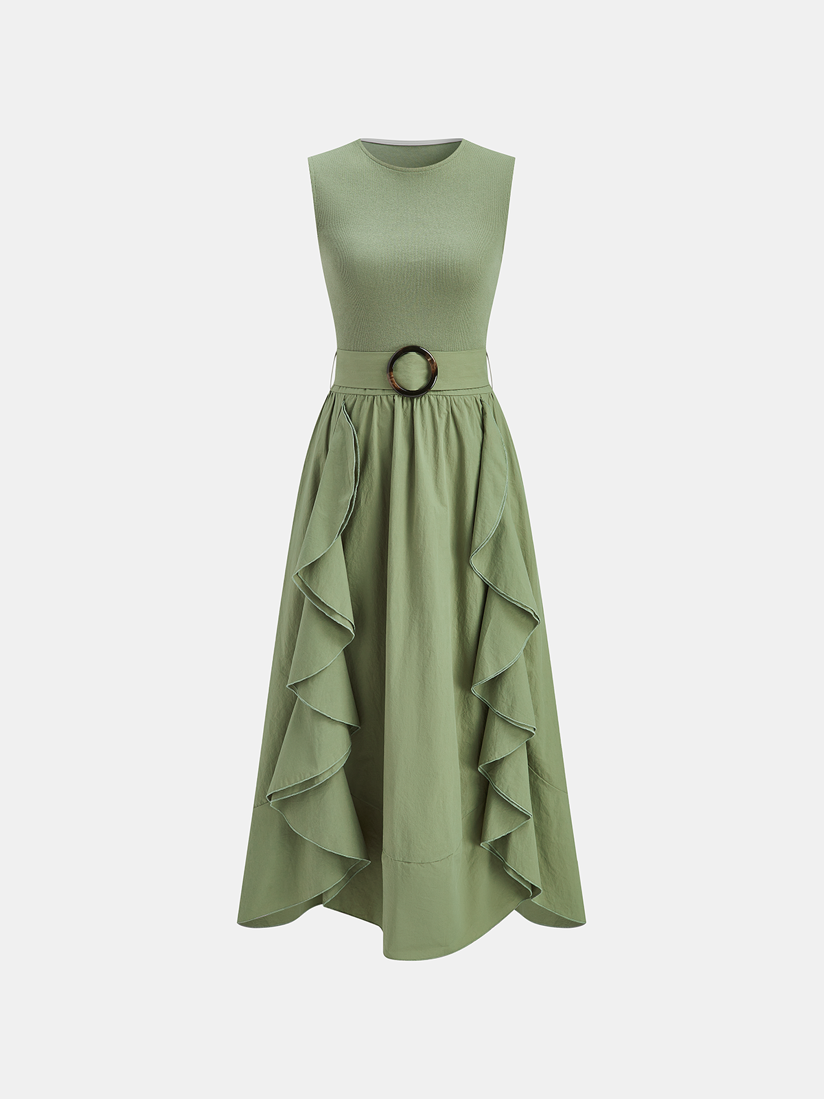 Robe longue sans manches volantée avec ceinture en mélange de coton