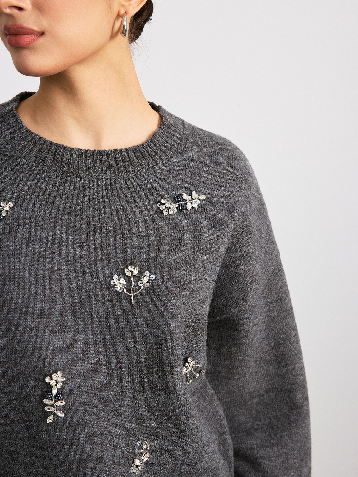 Crew Neck Sweater with Floral Crystal Embellishments