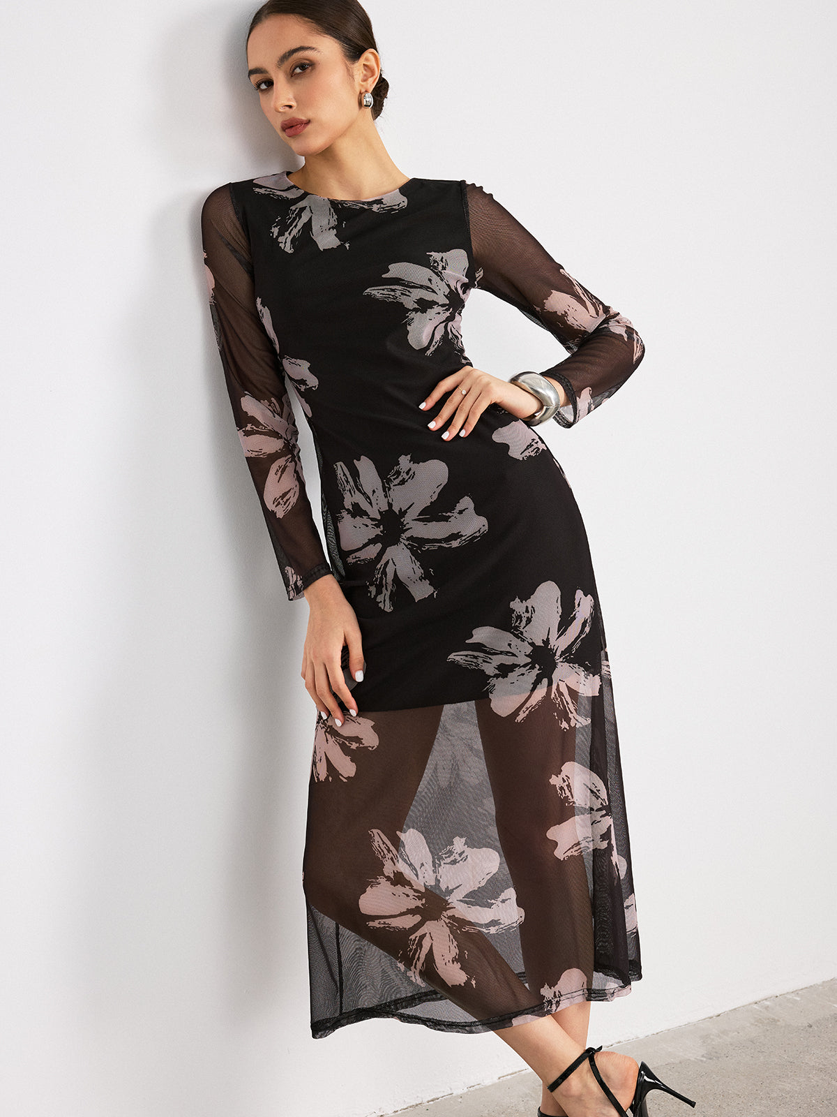 Robe longue à manches longues imprimé floral