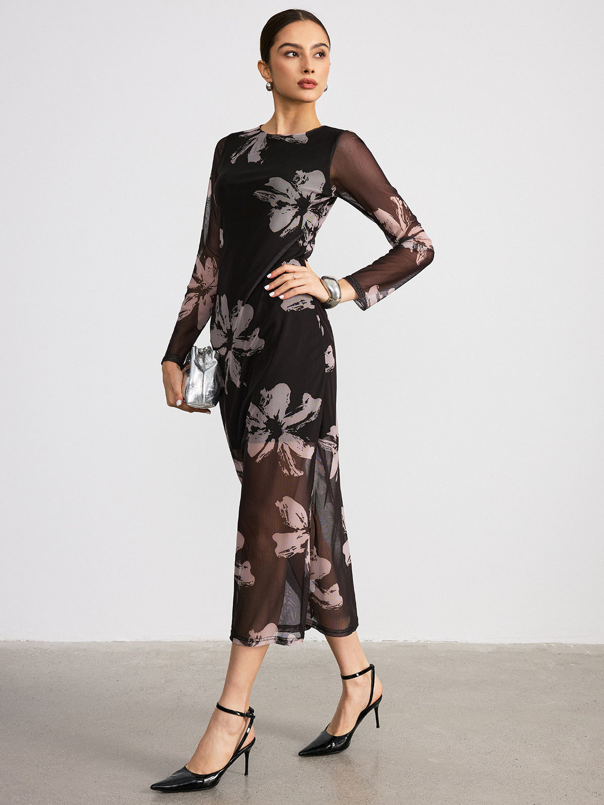 Robe longue à manches longues imprimé floral