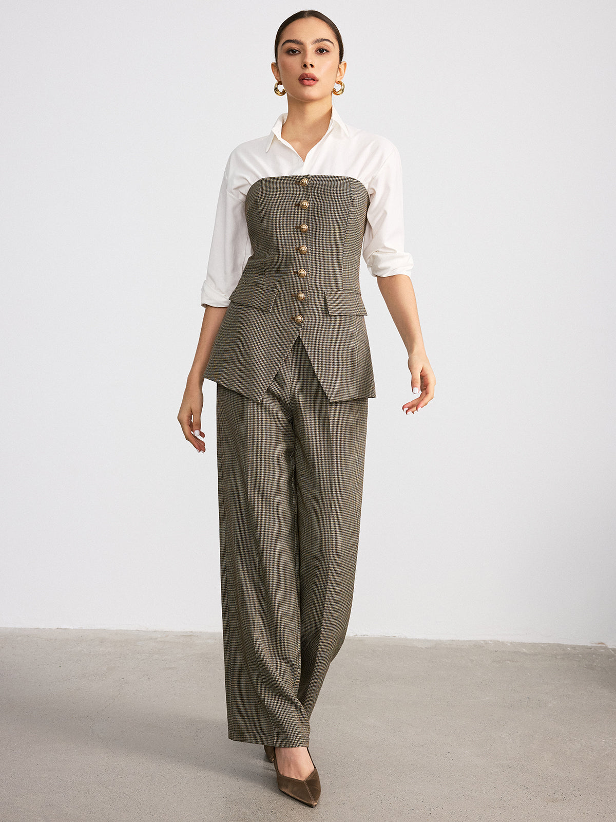 Houndstooth Strapless Metal Button Top