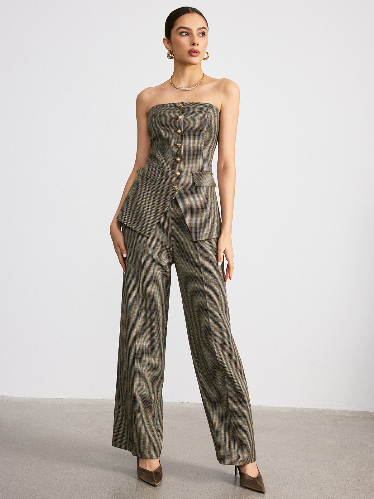 Ärmelloses Oberteil mit Hahnentrittmuster und Metallknöpfen