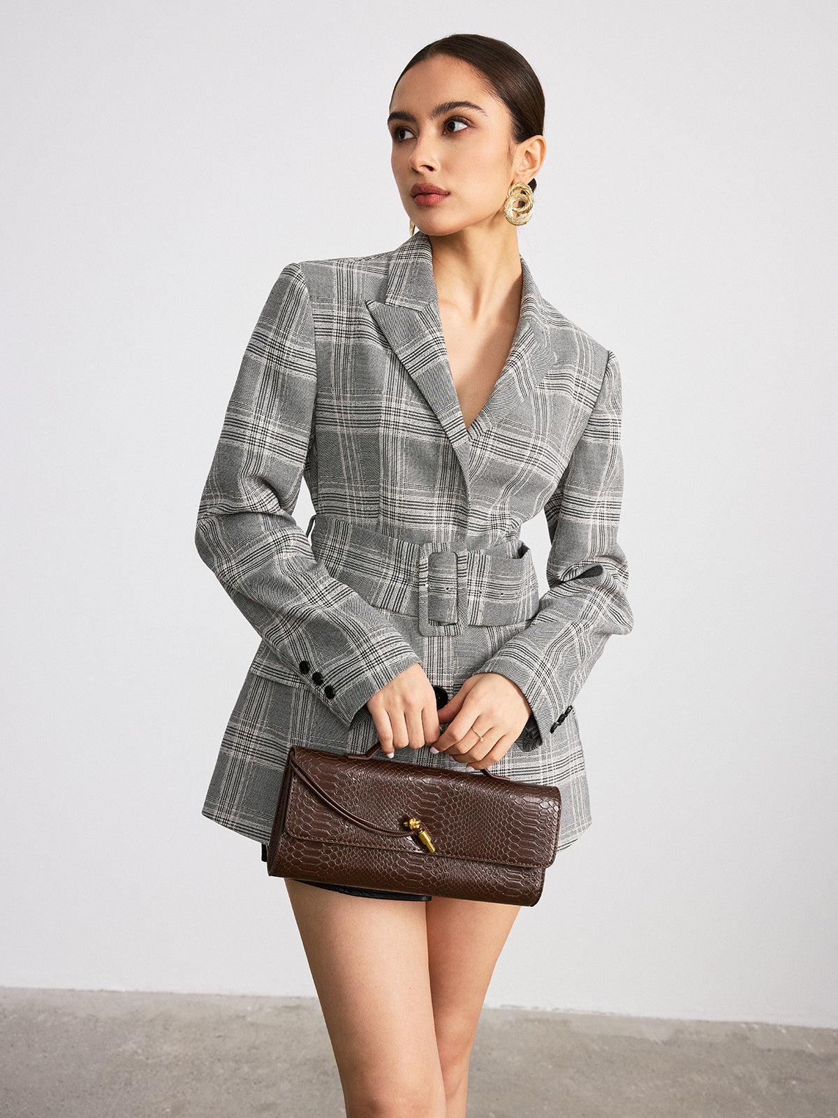 Blazer en Coton Mélangé à Carreaux avec Ceinture Large