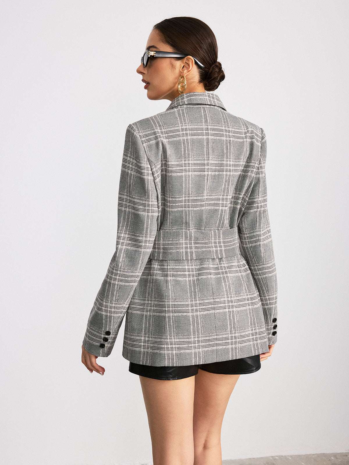 Blazer en Coton Mélangé à Carreaux avec Ceinture Large