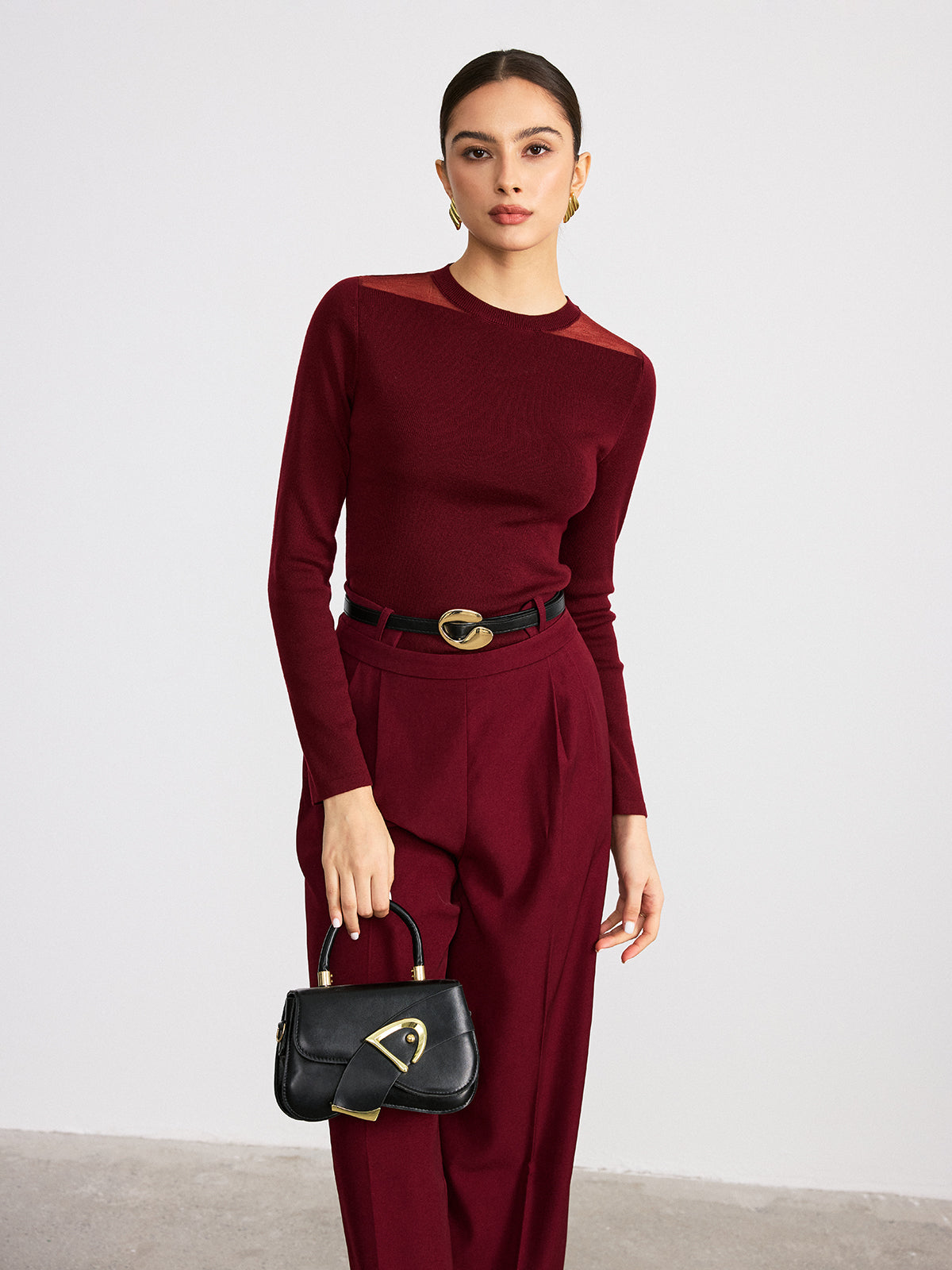 Sheer Paneled Wool Blend Knit Top