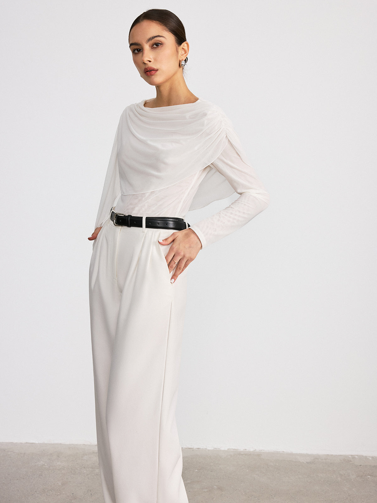Draped Mesh Long Sleeve Blouse