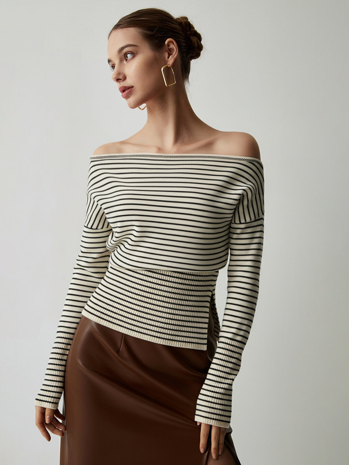 Slit Hem Off-Shoulder Striped Sweater