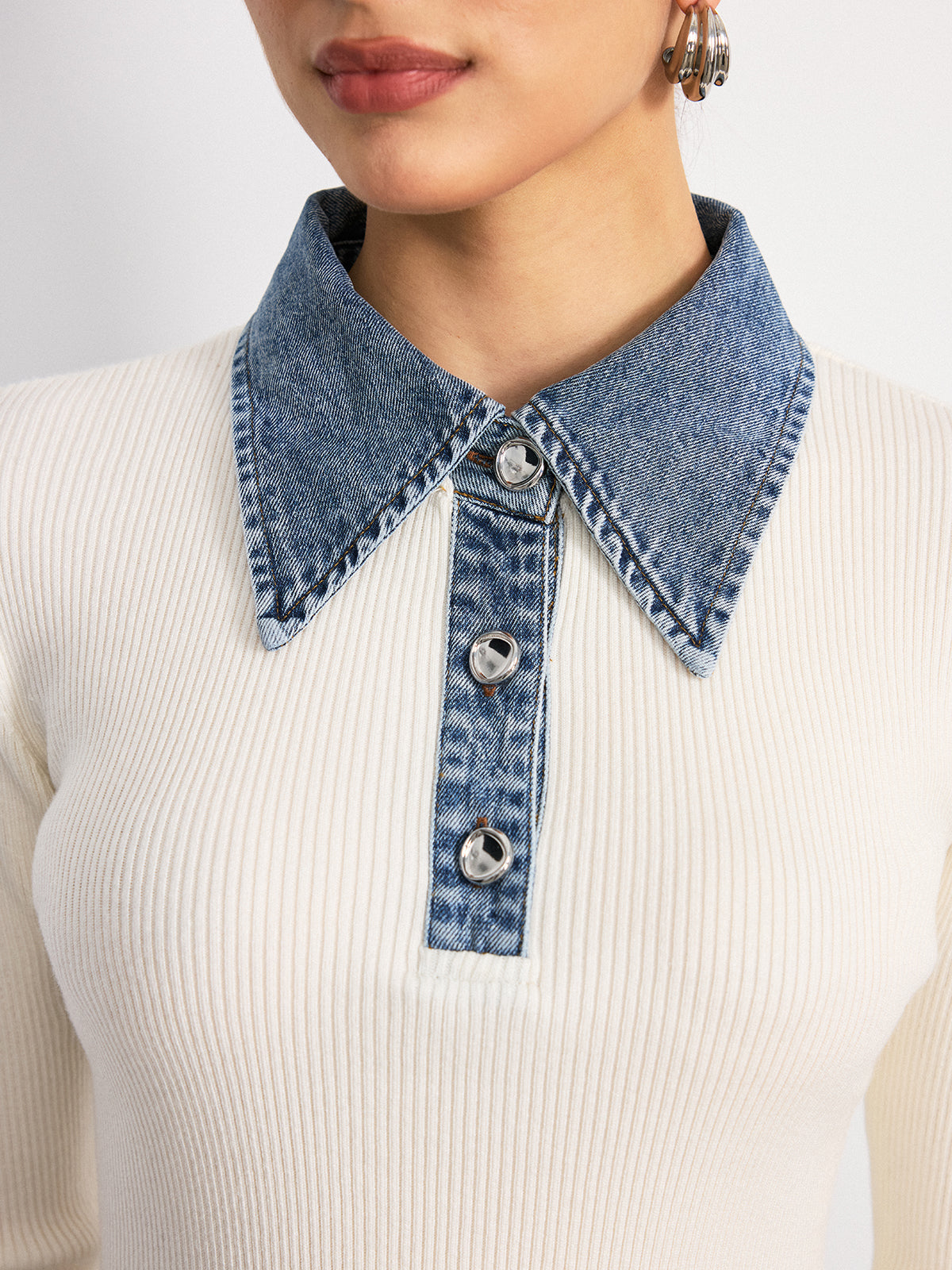 Haut en maille mélange laine à col en jean