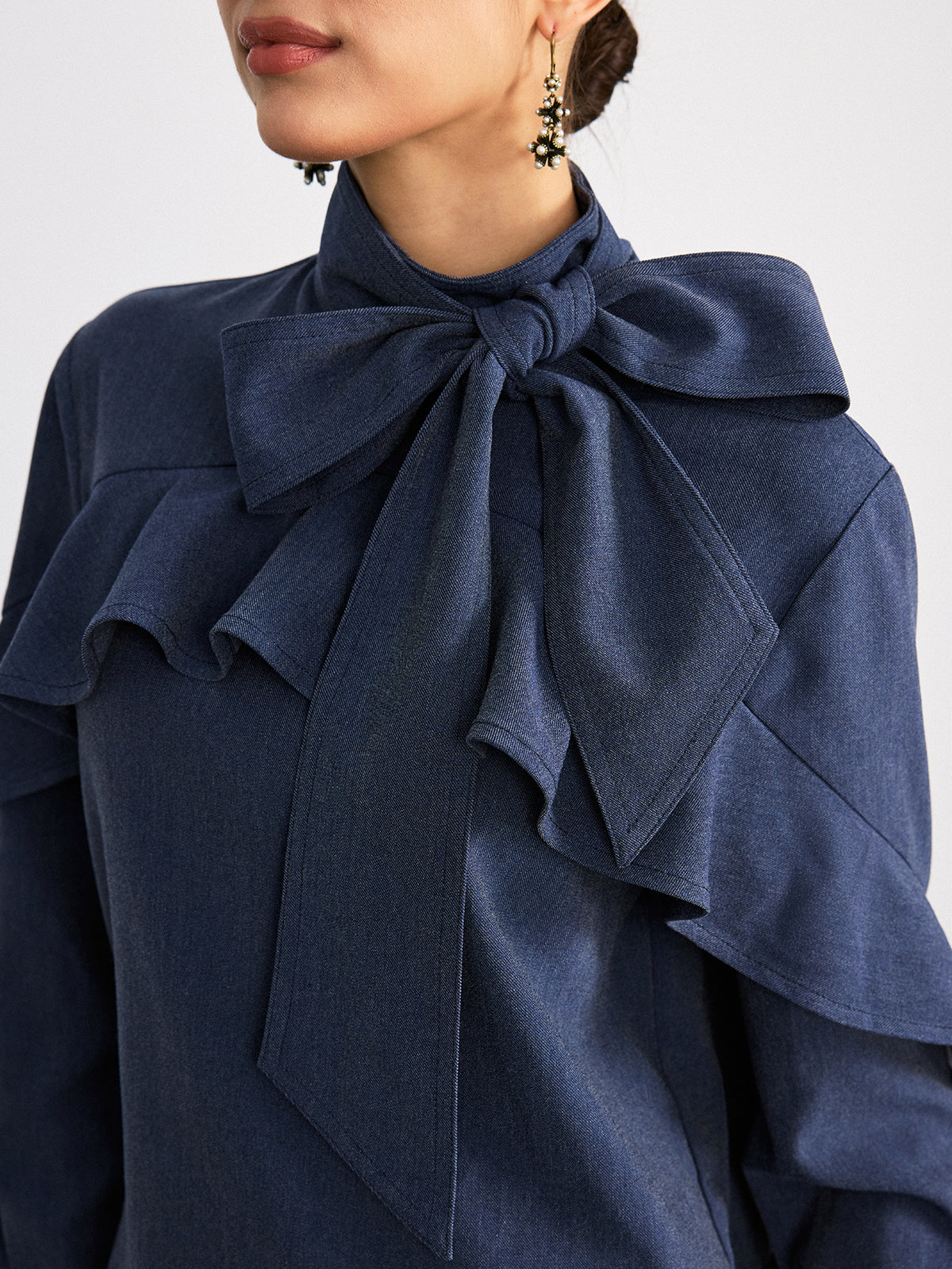 Tie Neck Ruffled Detail Faux Denim Shirt