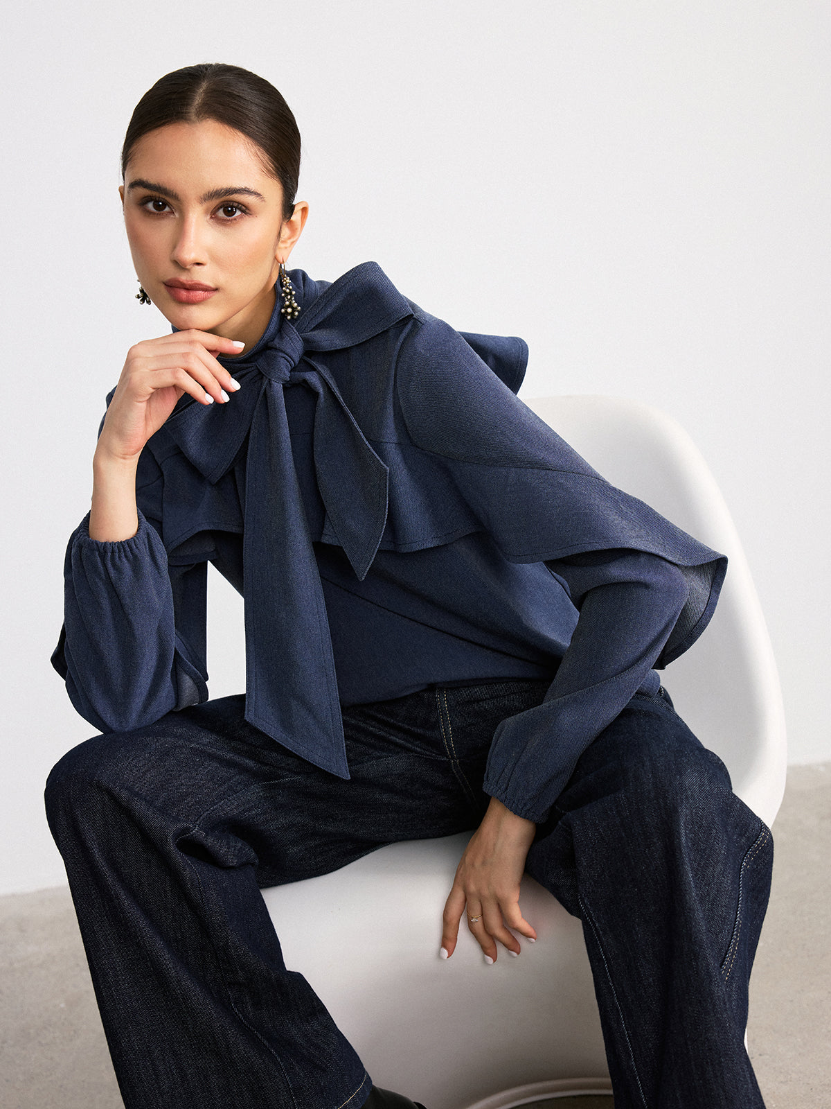 Tie Neck Ruffled Detail Faux Denim Shirt