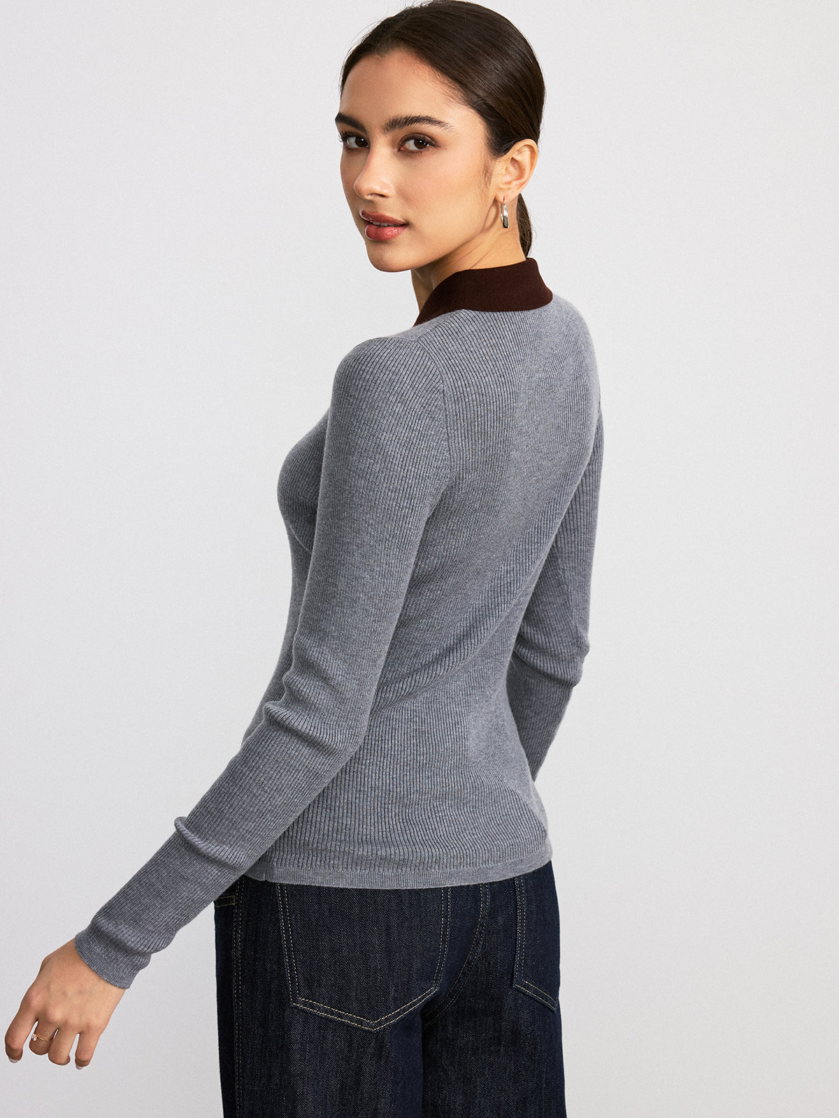 Contrast Collar Wool Blend Ribbed Knit Top