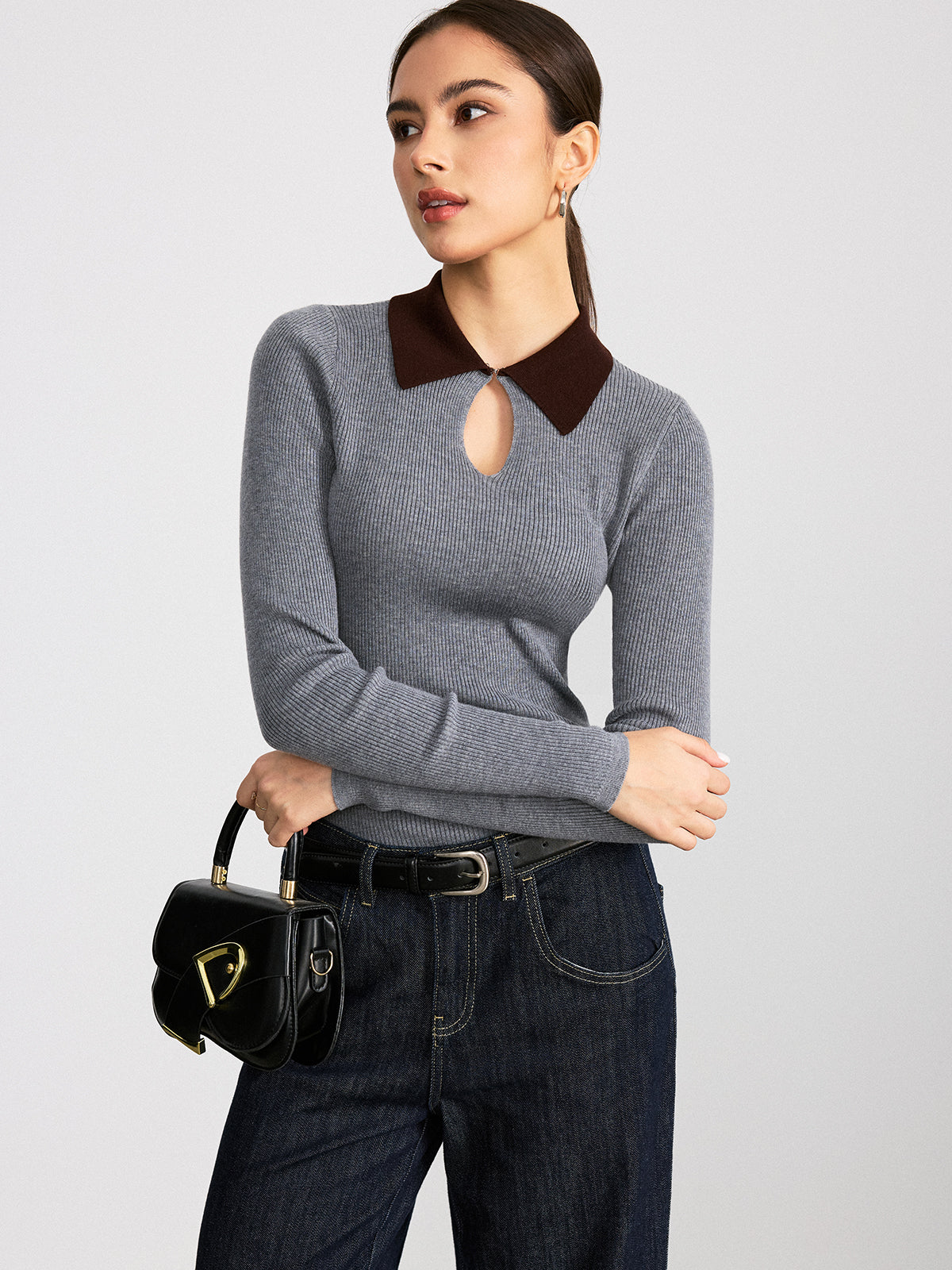 Contrast Collar Wool Blend Ribbed Knit Top