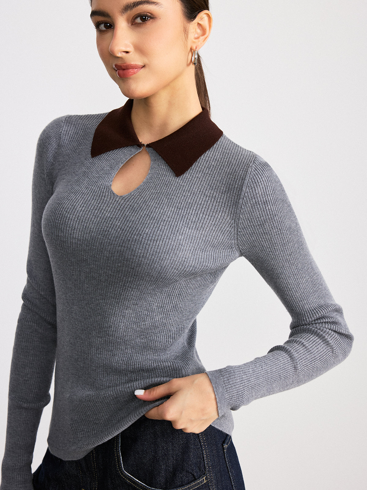 Contrast Collar Wool Blend Ribbed Knit Top