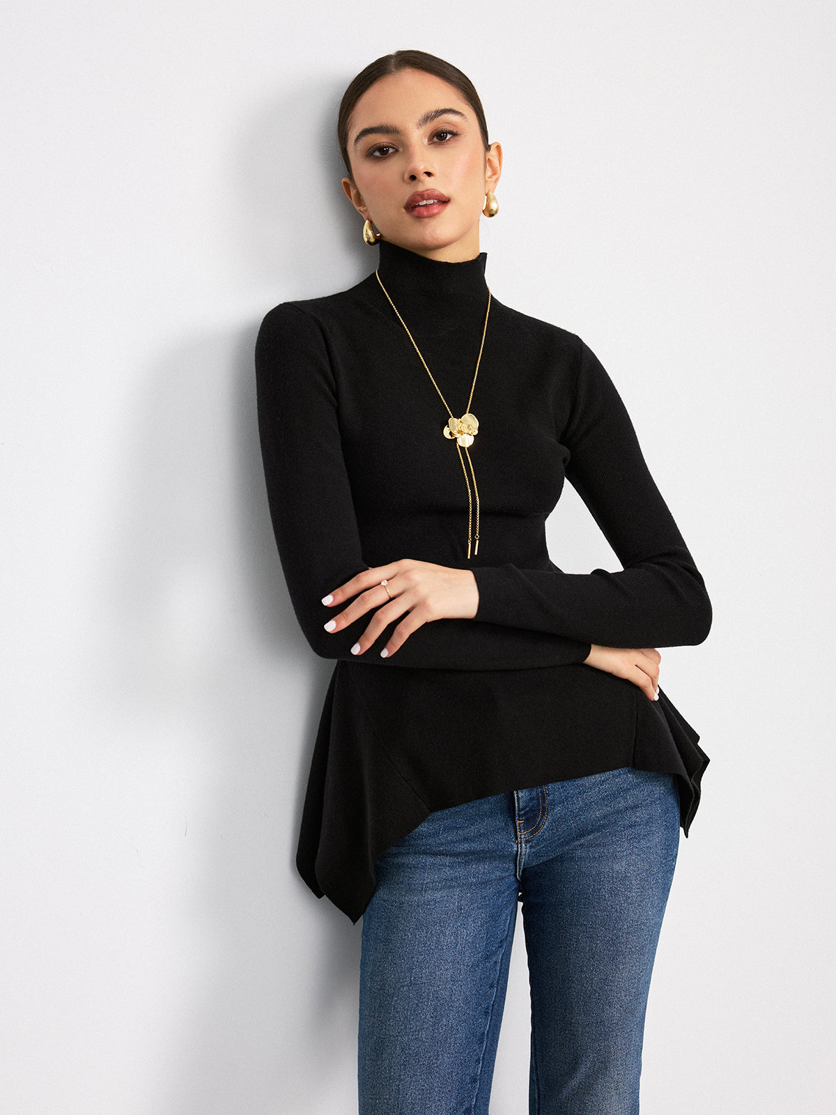 Turtleneck Asymmetric Peplum Sweater