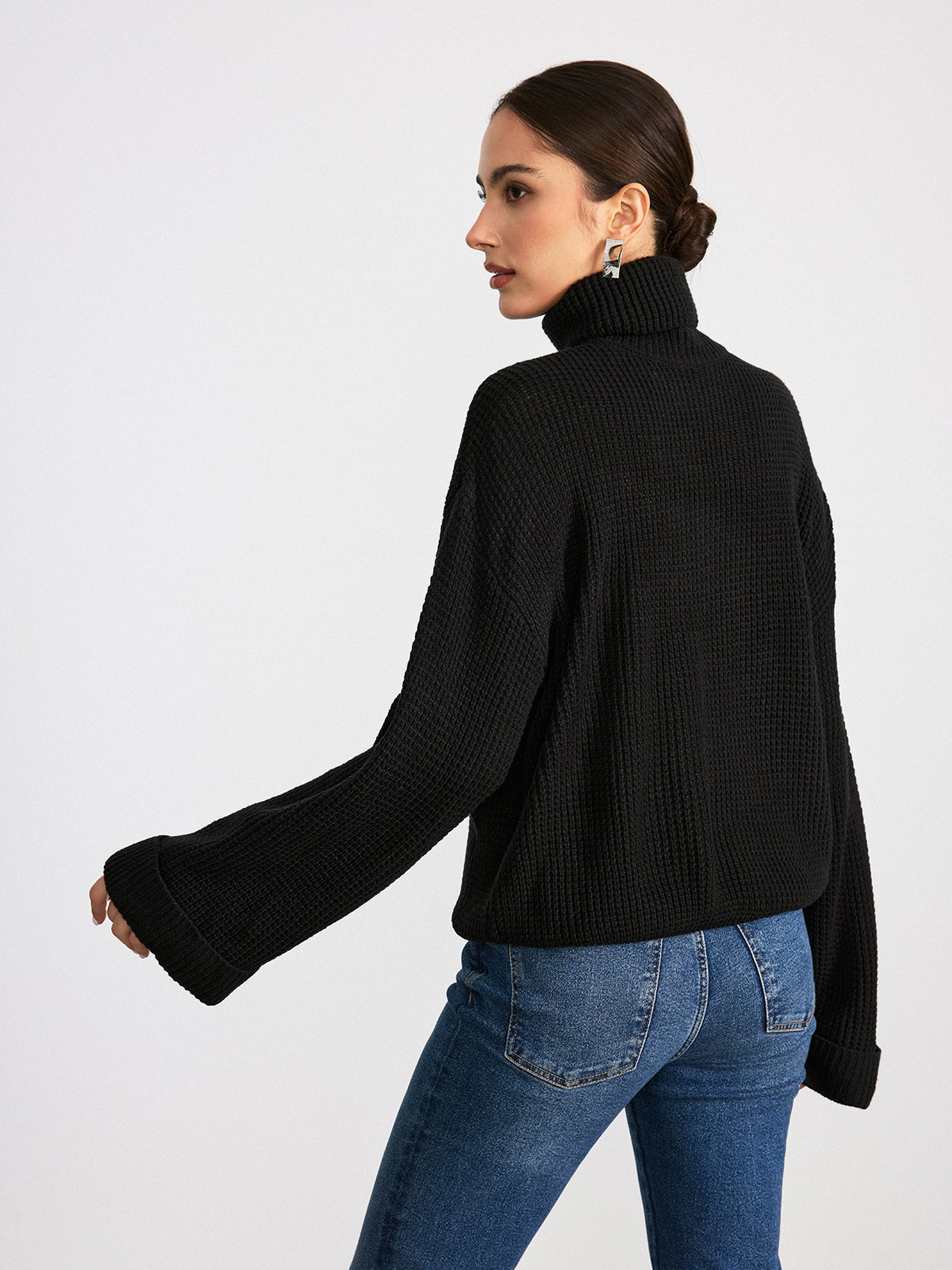 Turtleneck Waffle-Knit Flared Sleeve Sweater