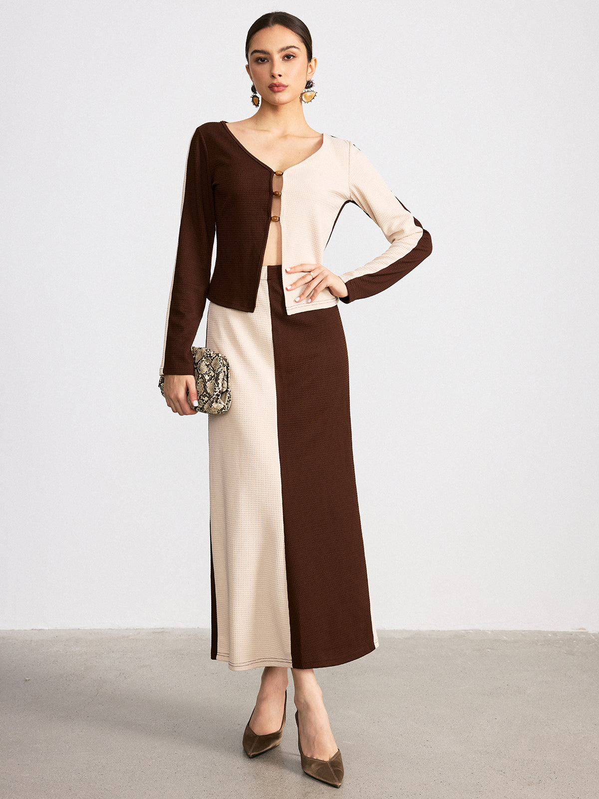 Ensemble haut et jupe en maille gaufrée bicolore